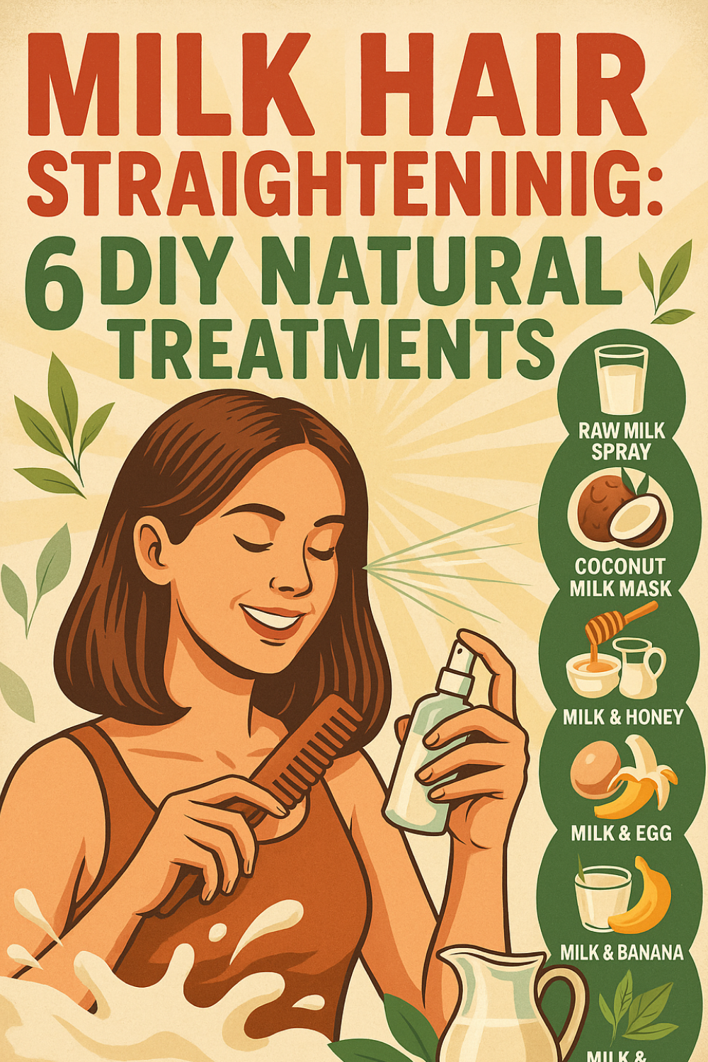 Smiling woman holding a comb in one hand and a spray bottle in the other as she applies a milk-based hair straightening treatment against a warm, sunburst backdrop; to her right, six circular icons and labels list raw milk spray, coconut milk mask, milk & honey, milk & egg, milk & banana, and milk & aloe vera—showcasing DIY natural milk hair straightening options.