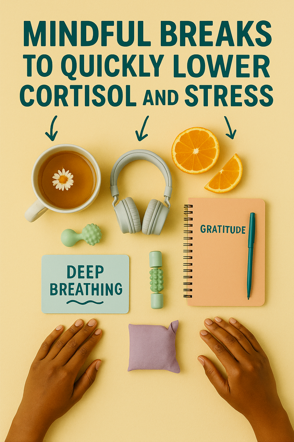 Flat lay of mindful break essentials: chamomile tea, grey headphones, orange slices, gratitude journal with pen, deep-breathing card, mini massage rollers, lavender sachet, and resting hands on a pastel background