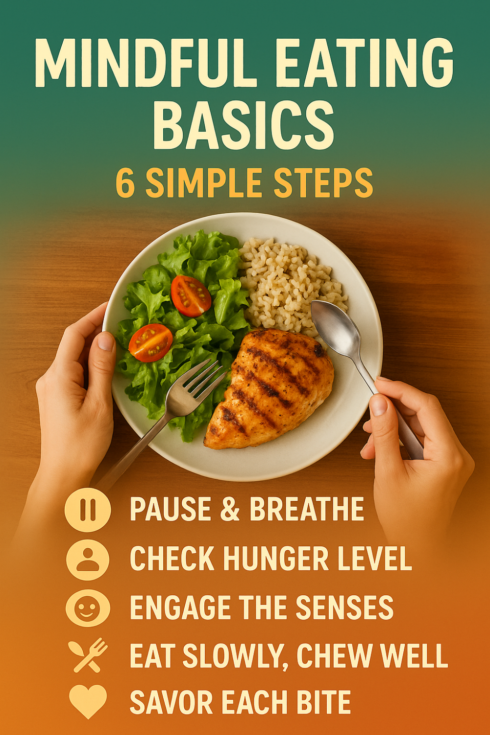 Mindful eating basics graphic showing hands with fork and spoon over balanced plate of grilled chicken, lettuce, and brown rice alongside six simple steps.