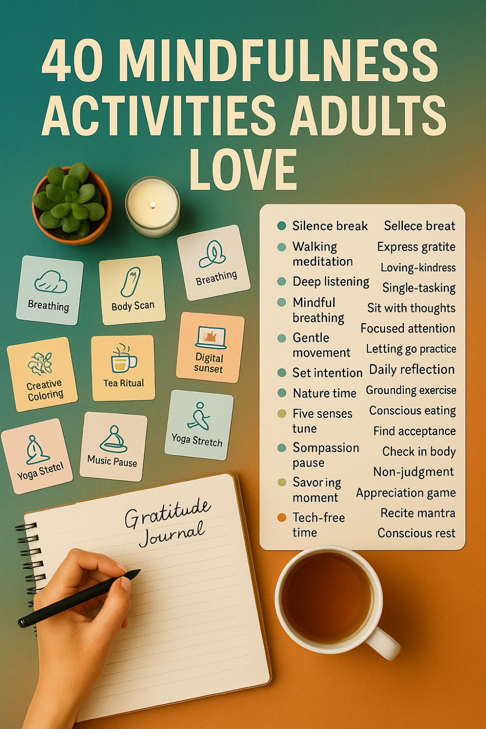 Desk flat lay with gratitude journal, tea, candle, succulent, colorful mindfulness activity cards, and a list of 40 mindfulness ideas adults love