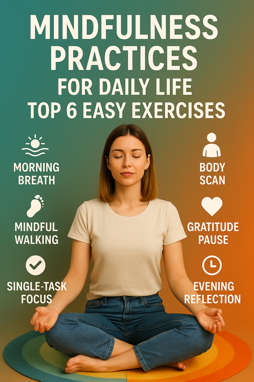 Mindfulness practices graphic featuring a woman meditating cross-legged on a colorful round mat with a list of six easy daily exercises: morning breath, mindful walking, single-task focus, body scan, gratitude pause, and evening reflection