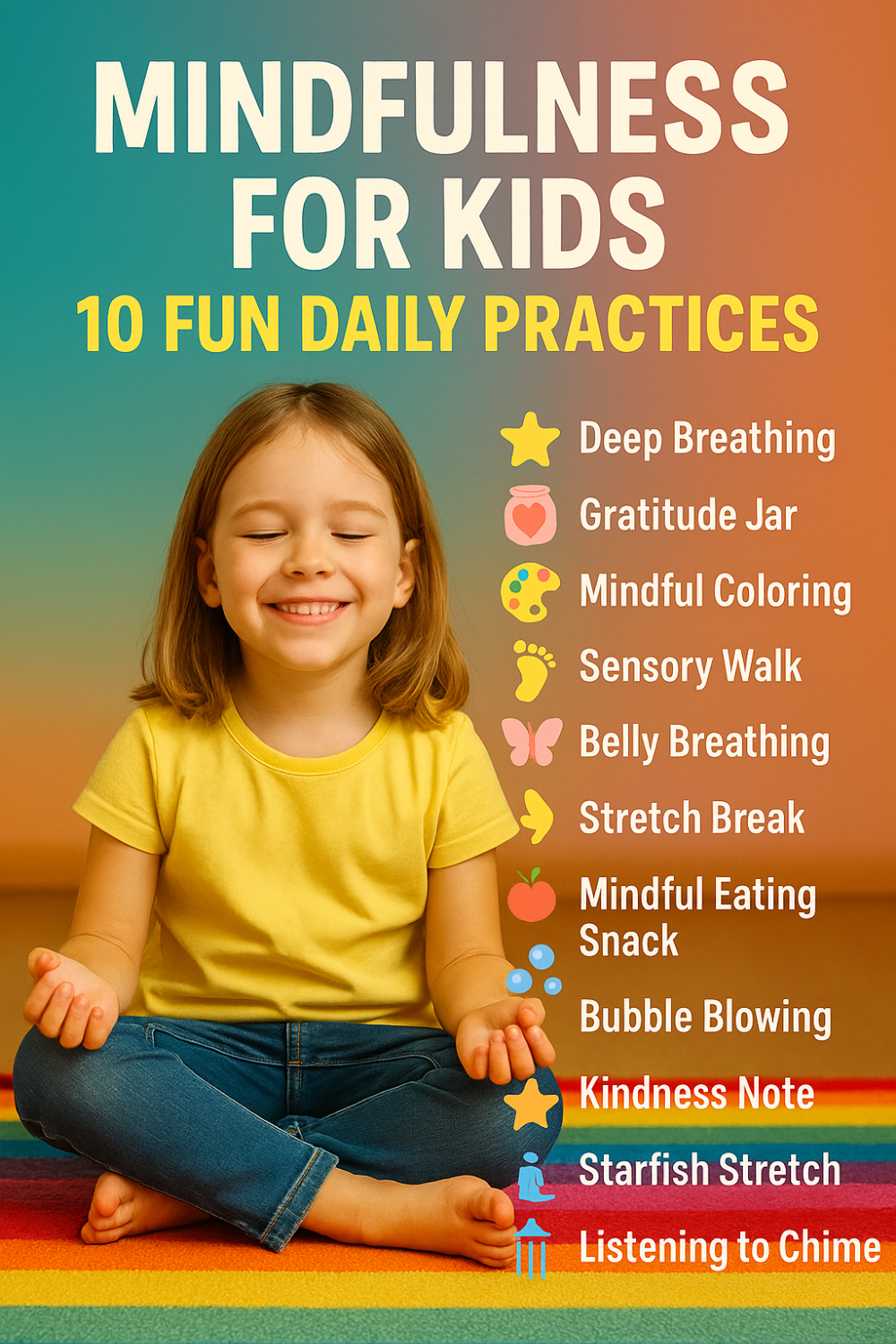 Mindfulness for kids graphic featuring a smiling child meditating cross-legged on a rainbow rug alongside a colorful list of 10 fun daily practices like deep breathing, gratitude jar, and bubble blowing.