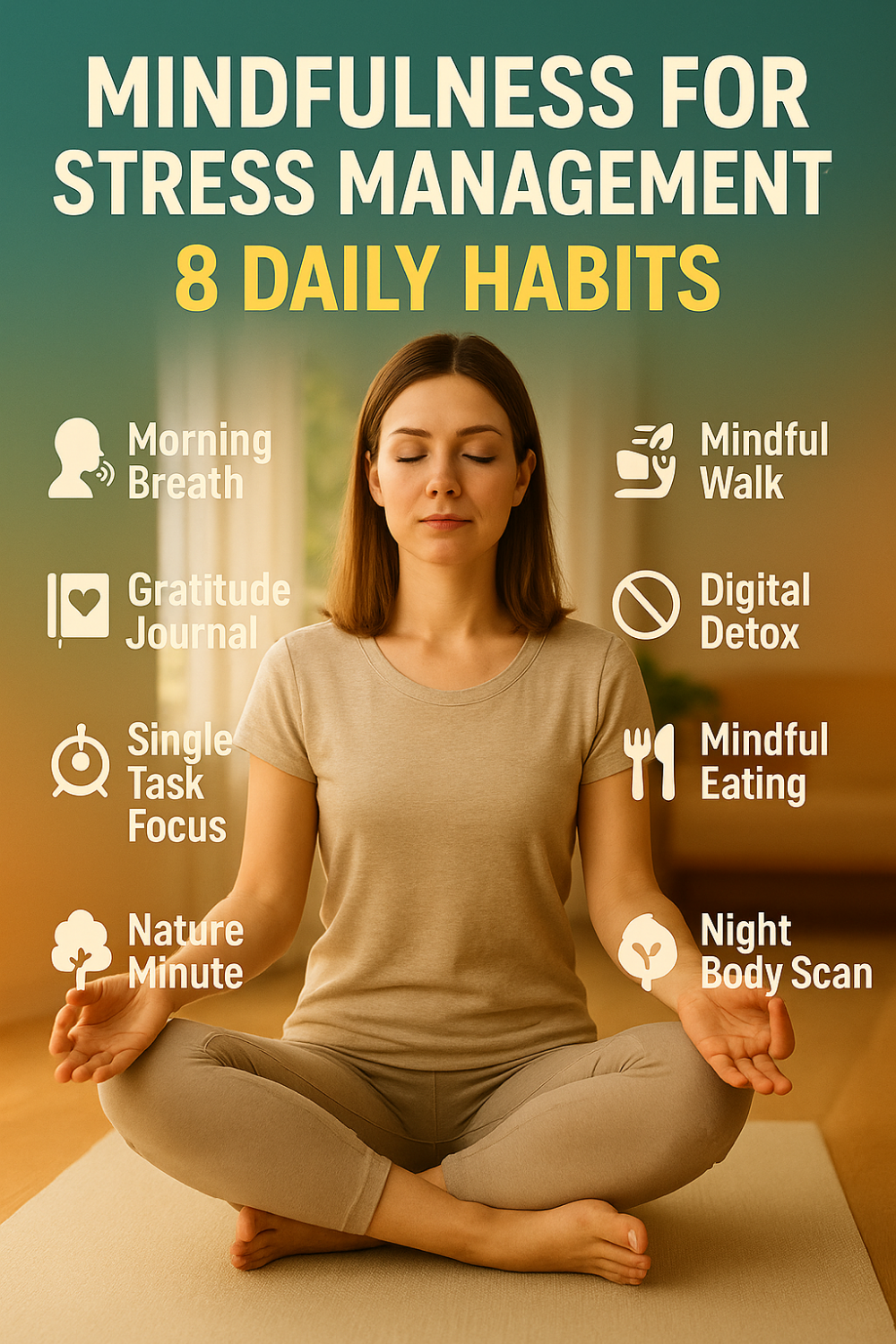 Mindfulness stress-relief graphic featuring woman meditating cross-legged and checklist of eight daily habits: morning breath, gratitude journal, single-task focus, nature minute, mindful walk, digital detox, mindful eating, night body scan.