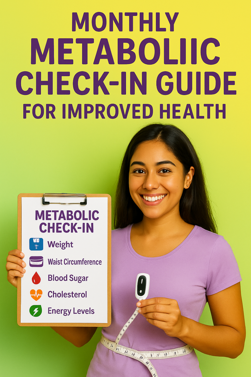 Woman holding metabolic health checklist with measuring tape and health device, smiling warmly.