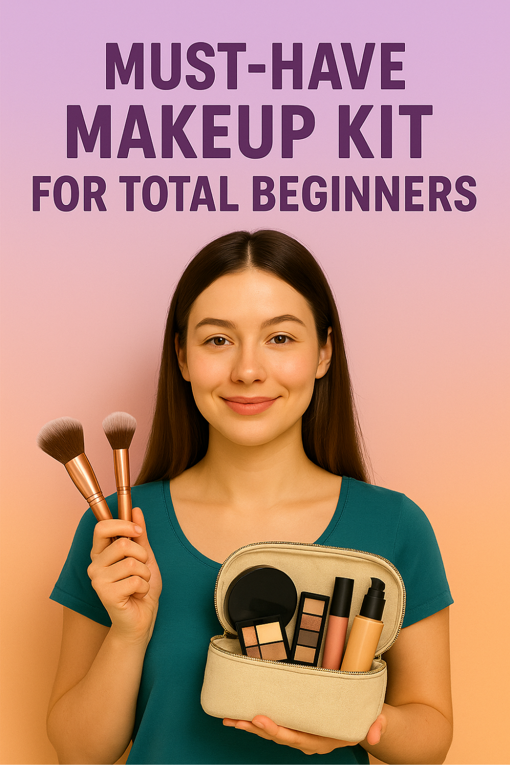 A smiling woman in a teal tee holds two rose-gold makeup brushes in one hand and a zipped canvas pouch brimming with beginner essentials—foundation, compact powder, neutral eyeshadow palette, and lip gloss—in the other, set against a soft lavender-to-peach gradient backdrop.