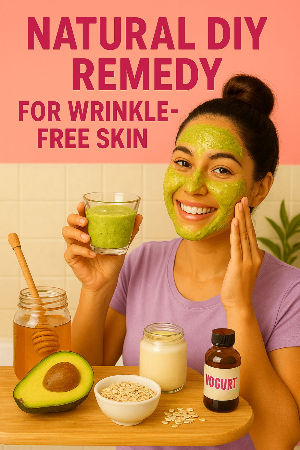 Smiling woman with green avocado face mask holding a glass of matching smoothie, touching her cheek; tray displays honey jar, avocado half, oats bowl, and yogurt—natural DIY wrinkle-free skin remedy