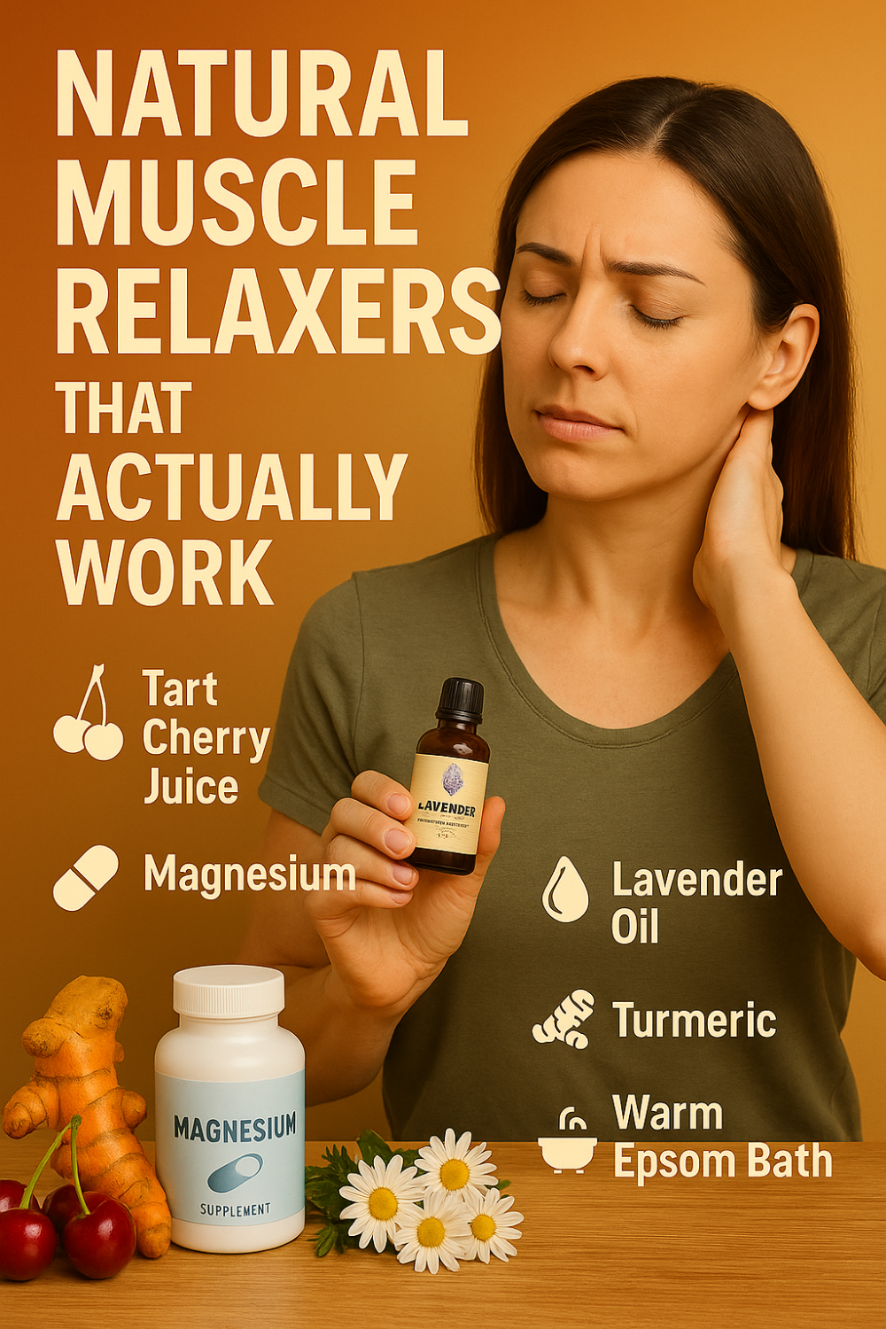 Natural muscle relaxers illustration showing a woman massaging a sore neck while holding lavender oil, with magnesium supplement, turmeric root, cherries, and chamomile on a wooden table against a warm backdrop