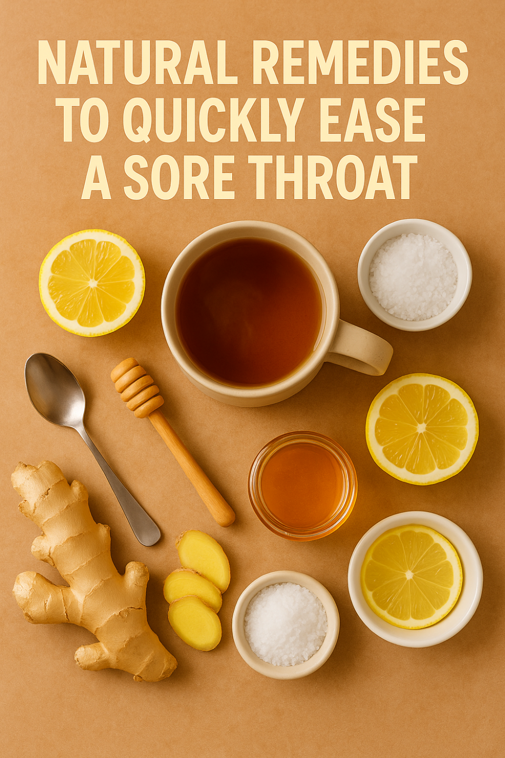 Flat lay of soothing sore throat remedies: mug of herbal tea, sliced lemons, fresh ginger root, honey jar with dipper, coarse sea salt bowls, and spoon on a warm brown backdrop