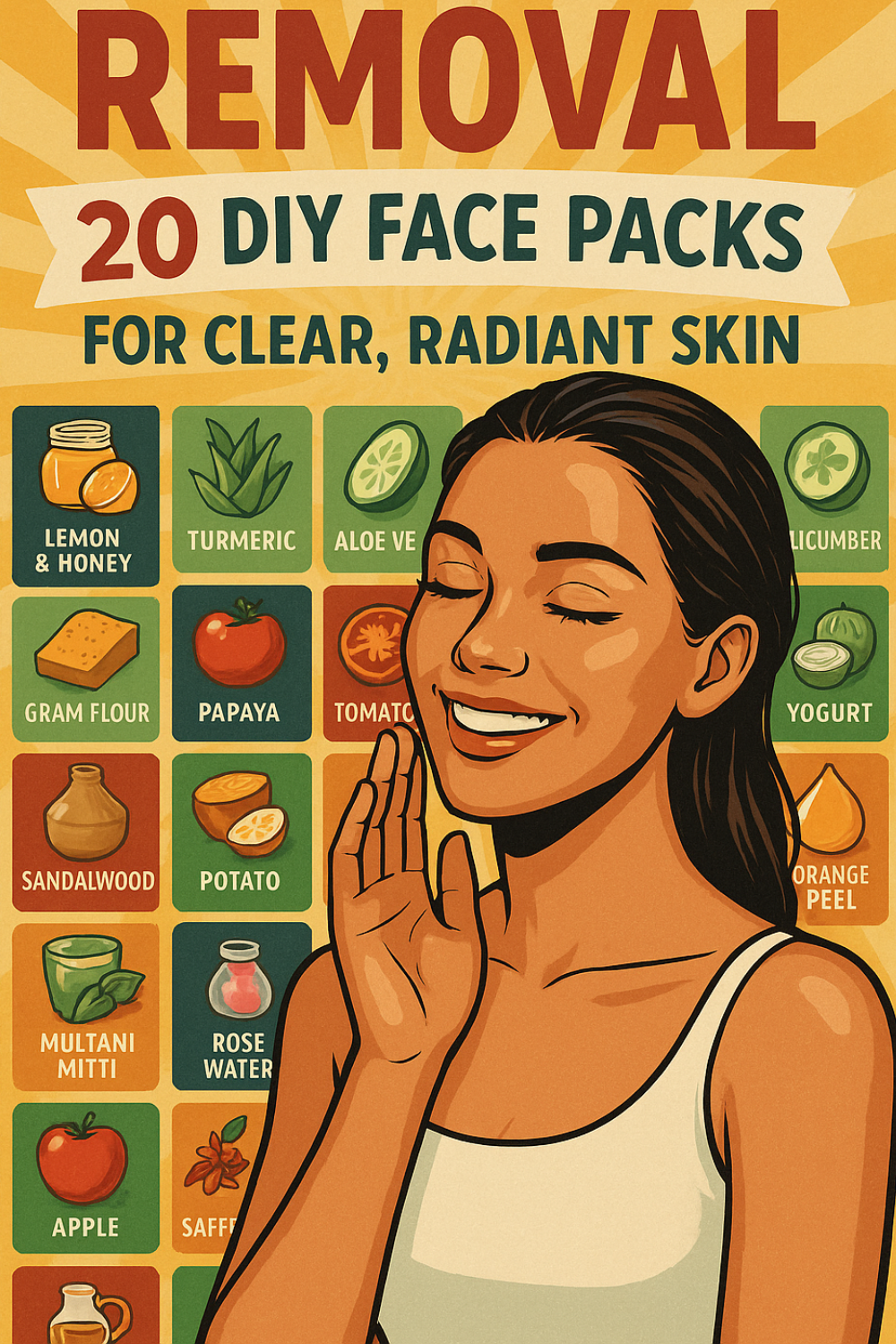 Smiling woman in a white tank top touching her glowing skin against a warm sunburst backdrop; to her left is a colorful 4×5 grid of 20 DIY face-pack ingredients—each square showing icons and labels like Lemon & Honey, Turmeric, Aloe Vera, Cucumber, Gram Flour, Papaya, Tomato, Yogurt, Sandalwood, Potato, Orange Peel, Multani Mitti, Rose Water, Apple, Saffron, and more—offering natural tan removal remedies for clear, radiant skin.