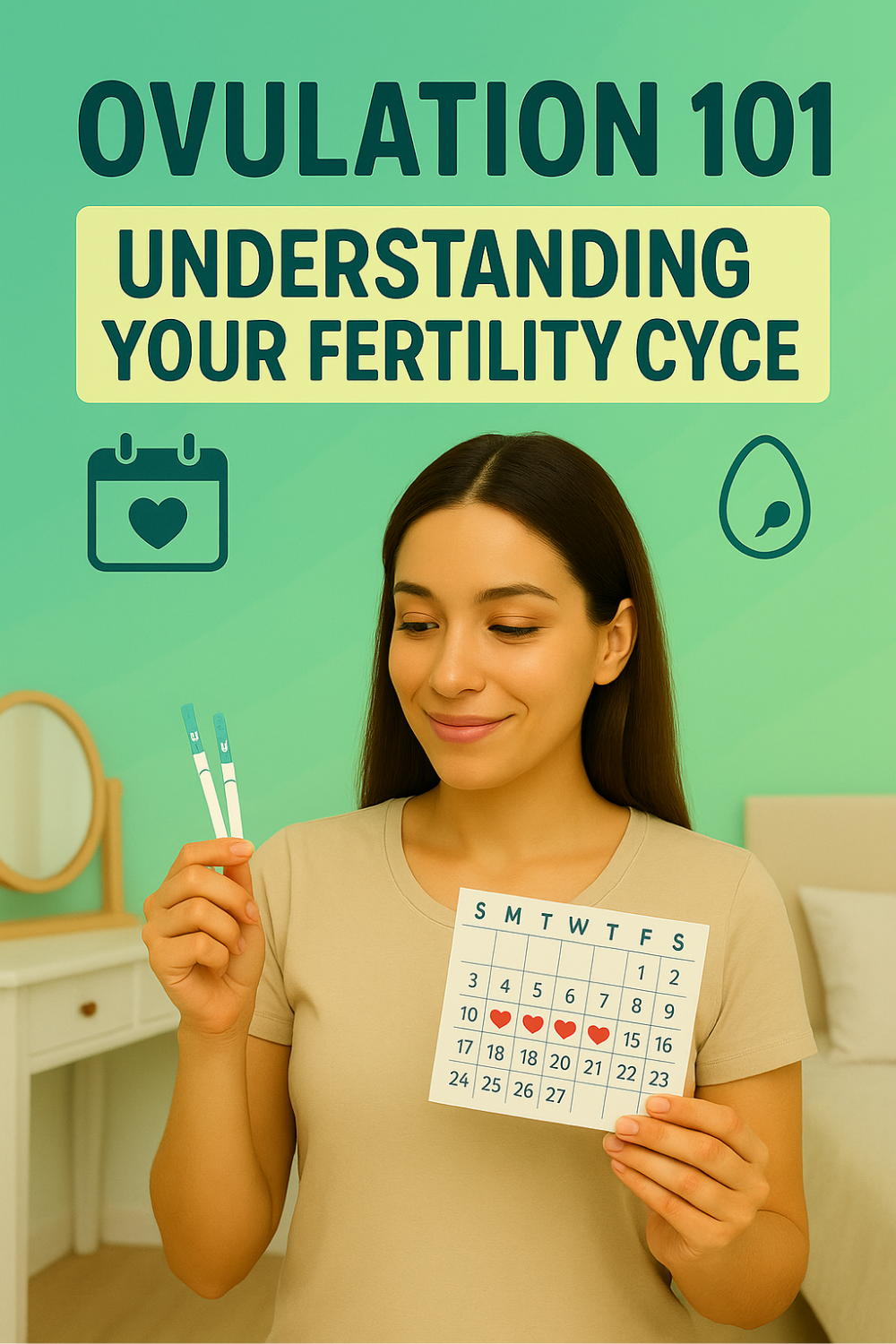 Smiling woman holds ovulation test strips and a heart-marked calendar, showcasing a beginner’s guide to tracking fertile days and understanding the menstrual cycle.