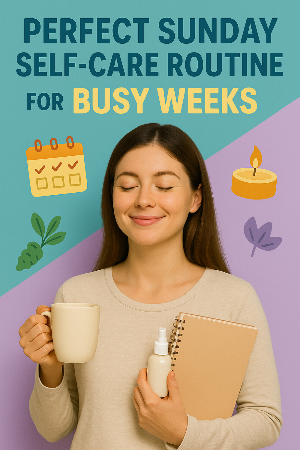 A young woman with eyes closed savors a calm moment, holding a beige mug, notebook, and spray bottle on a teal-and-lavender background; surrounding icons—a checked calendar, candle, leafy herbs, and root—illustrate a perfect Sunday self-care routine for busy weeks.