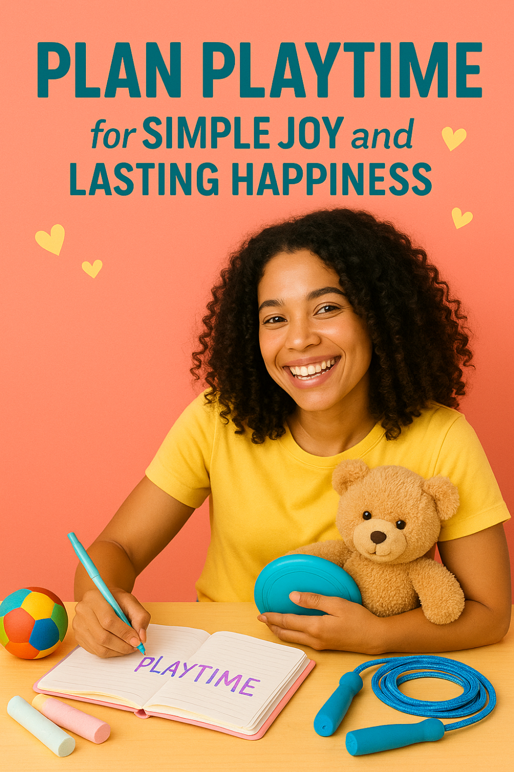 Smiling young woman in a yellow shirt hugs a teddy bear and writes “PLAYTIME” in her notebook, surrounded by a ball, chalk, jump-rope, and frisbee—encouraging planned play for simple joy and lasting happiness.