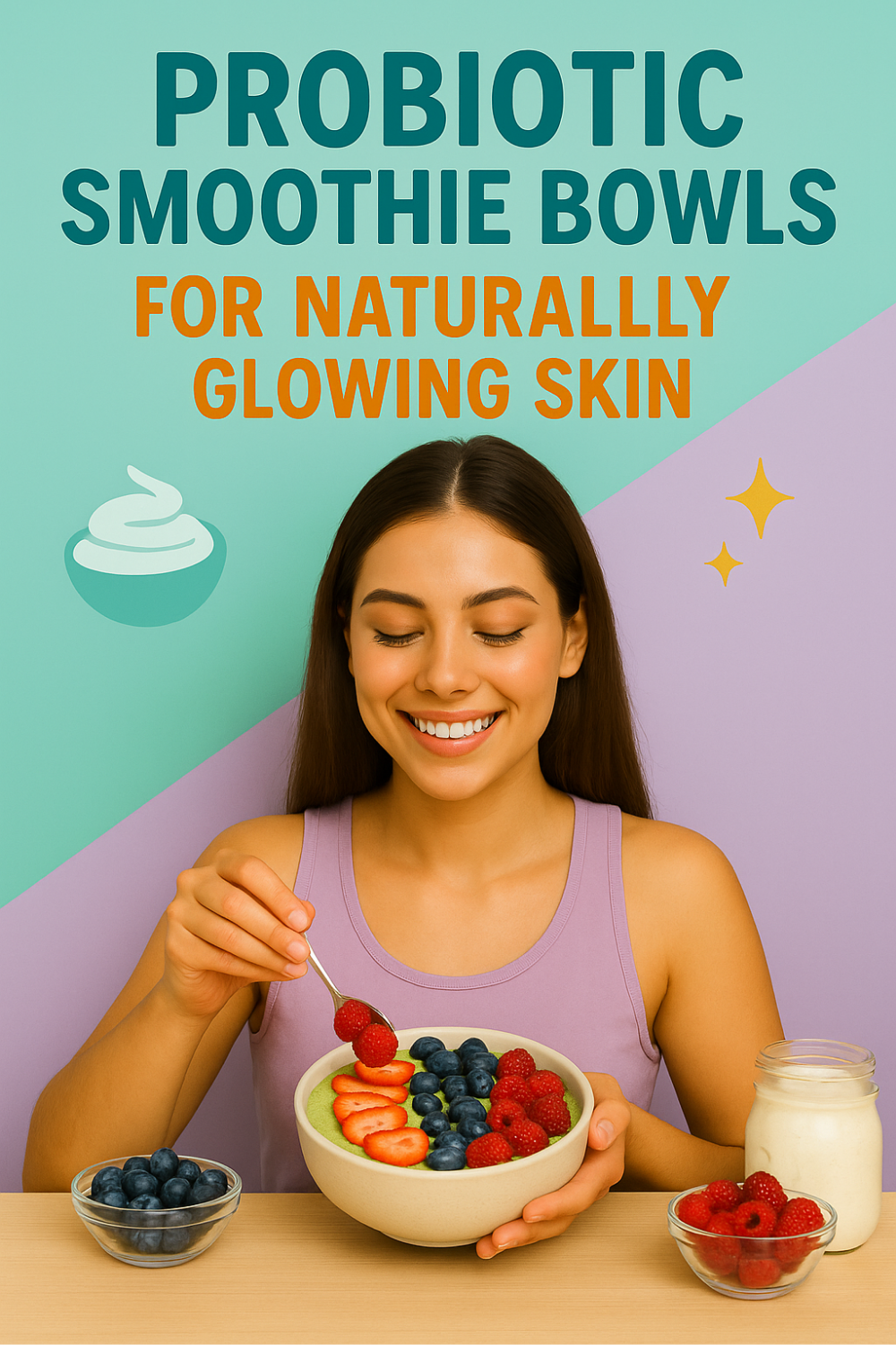 A smiling woman in a lavender tank carefully arranges raspberries on a vibrant green probiotic smoothie bowl topped with rows of strawberries, blueberries, and raspberries; small dishes of fresh berries and a jar of yogurt rest beside her on the table, while a mint-and-lilac split background with a swirl-and-sparkle icon hints at naturally glowing skin.