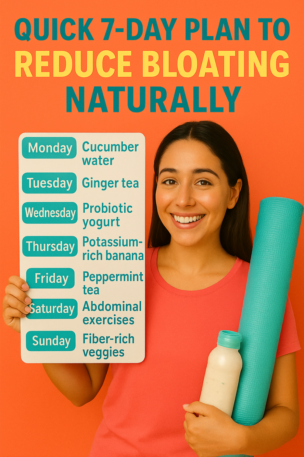 Quick 7-day natural bloating-relief plan: smiling woman with yoga mat and probiotic drink holding board listing daily tips—cucumber water, ginger tea, probiotic yogurt, banana, peppermint tea, abdominal exercises, and fiber-rich veggies—against a bright orange backdrop Quick 7-day natural bloating-relief plan: smiling woman with yoga mat and probiotic drink holding board listing daily tips—cucumber water, ginger tea, probiotic yogurt, banana, peppermint tea, abdominal exercises, and fiber-rich veggies—against a bright orange backdrop.