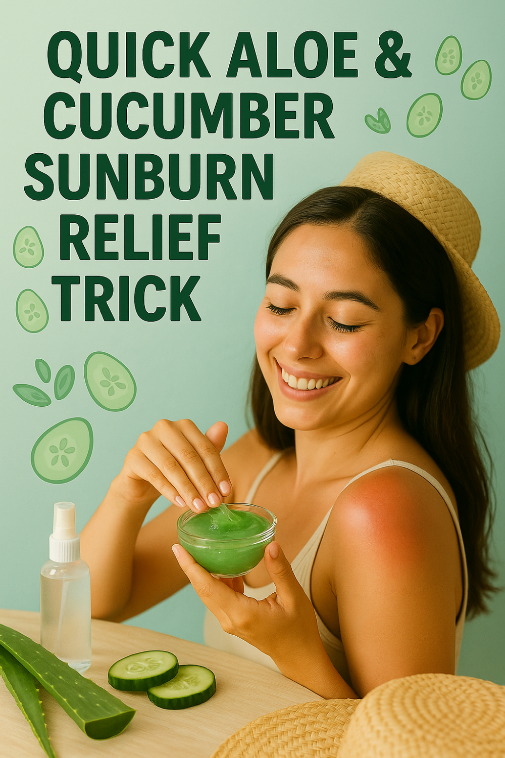 Smiling woman with sunburned shoulder dipping aloe gel, aloe leaf, cucumber slices and spray bottle on table—quick aloe-cucumber sunburn relief trick.