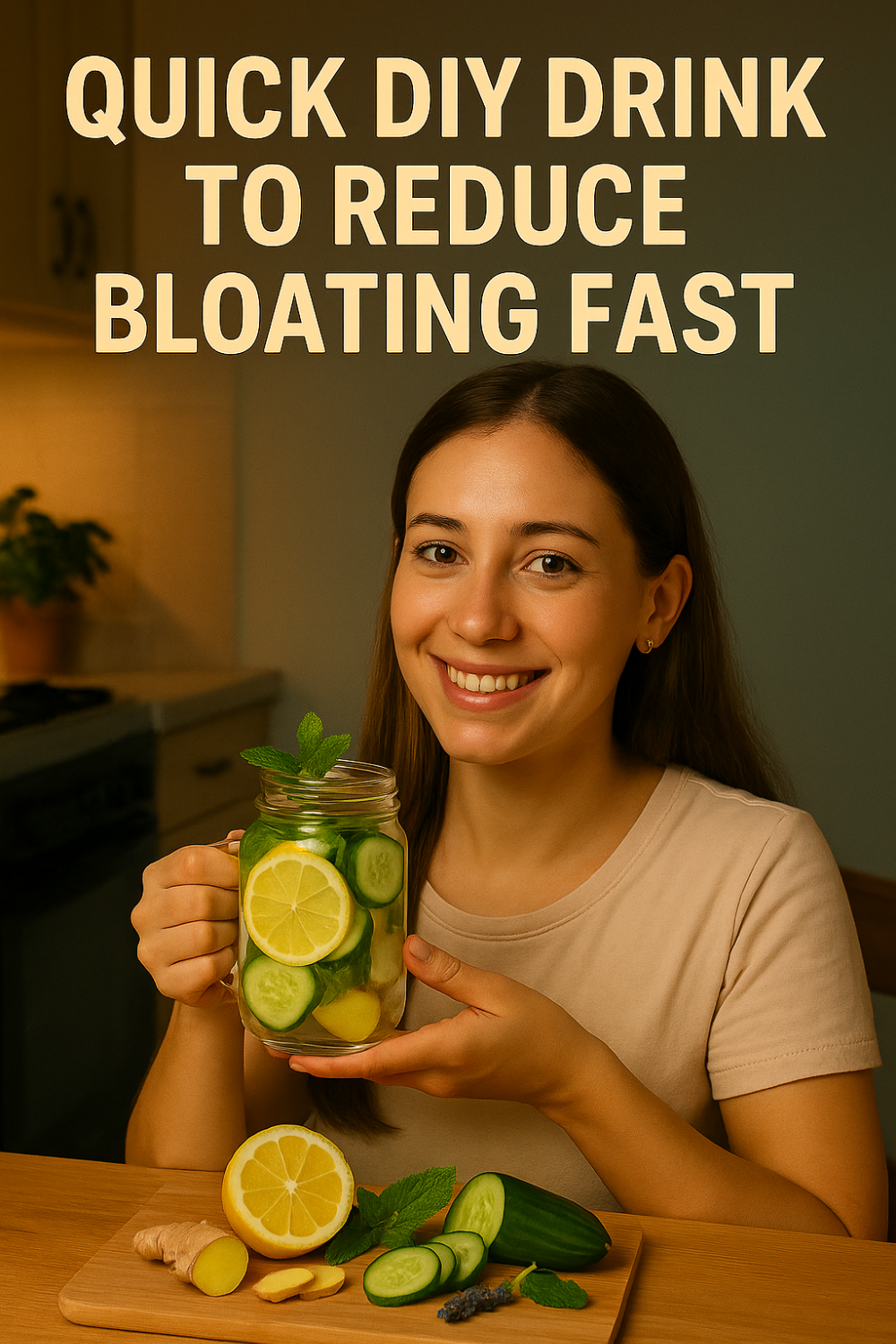 Smiling woman holding a mason jar of lemon-cucumber-ginger water with mint, cutting board of fresh ingredients in cozy kitchen—quick DIY drink to reduce bloating fast