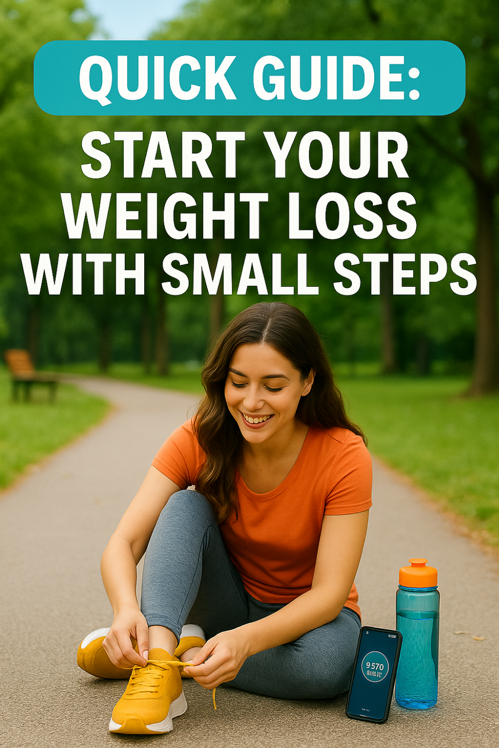 Woman tying shoelaces outdoors, preparing for a walk, next to a water bottle and a step tracker app.
