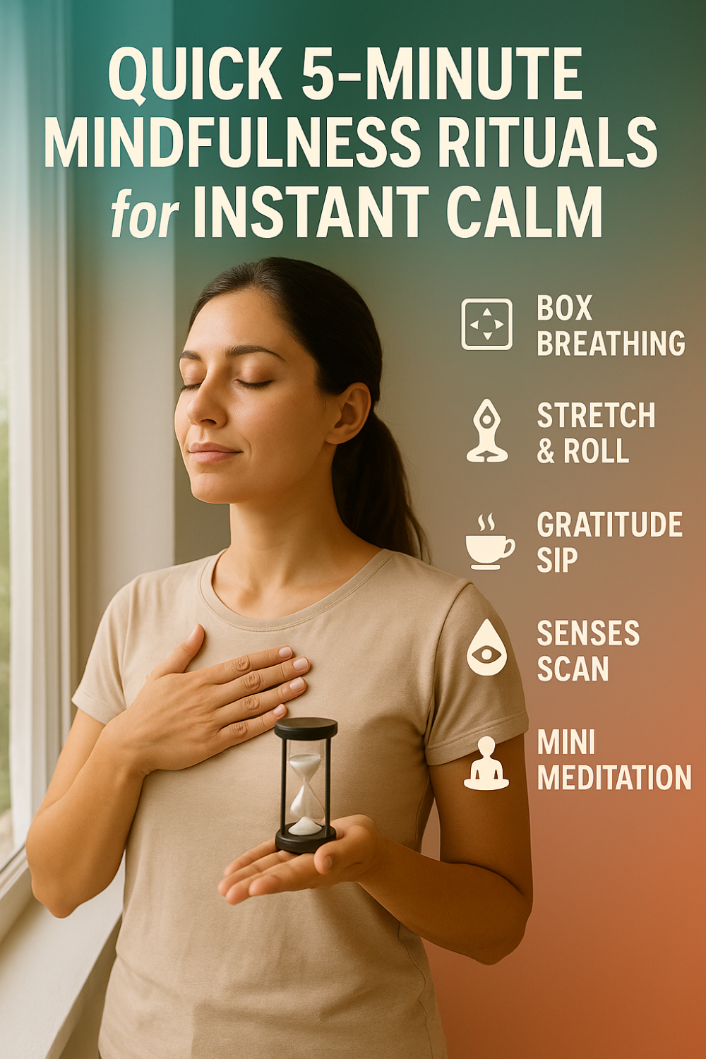 Quick 5-minute mindfulness rituals graphic featuring woman by window with hand on chest, holding hourglass, and list of calming practices: box breathing, stretch & roll, gratitude sip, senses scan, mini meditation