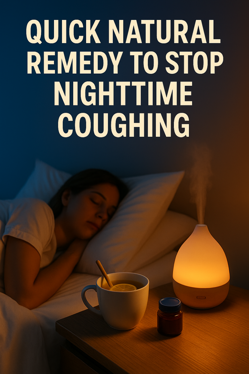 Nighttime cough relief scene with sleeping woman, glowing essential-oil diffuser steaming beside mug of hot honey-lemon tea and small remedy jar on bedside table
