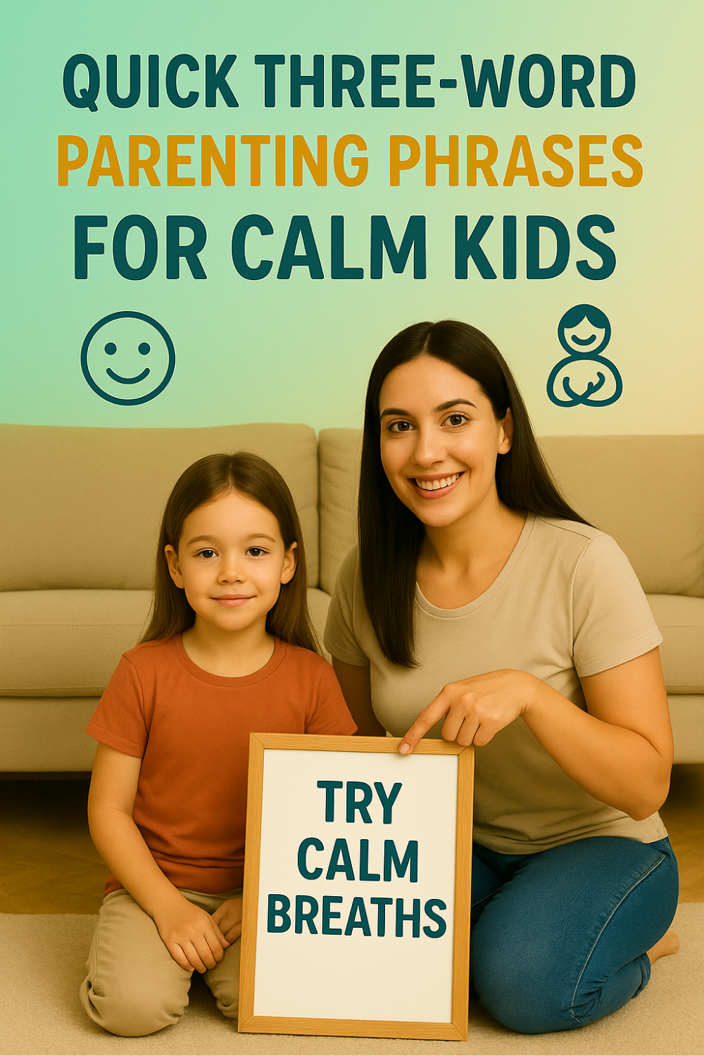 Mom crouches next to her young daughter, pointing at a framed sign that reads “Try calm breaths,” showing how brief three-word prompts can soothe children quickly.