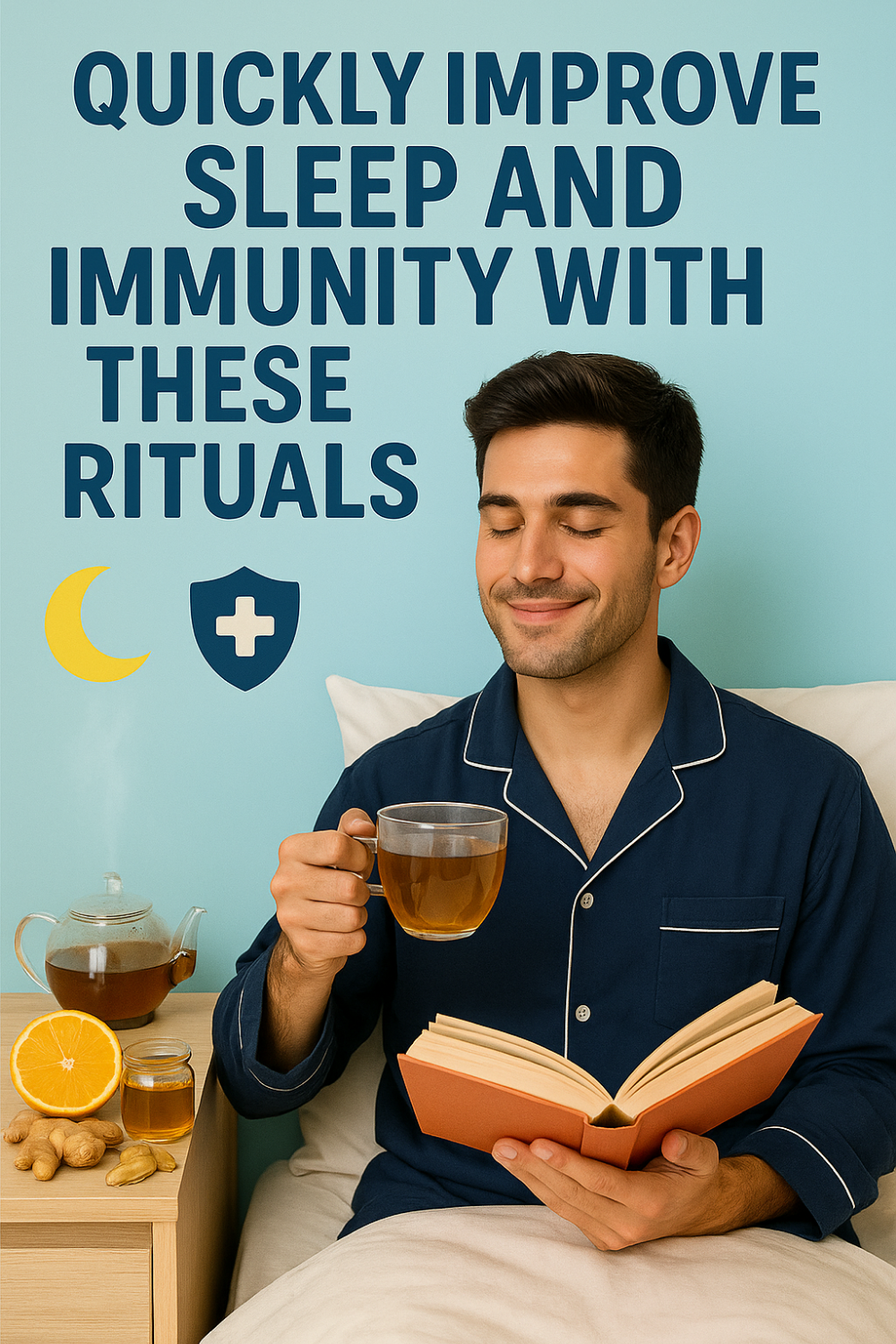 Man in navy pajamas reading a book in bed, sipping herbal tea, with teapot, honey, ginger and orange on bedside table, and moon plus immunity shield icons illustrating nighttime rituals to boost sleep and immunity