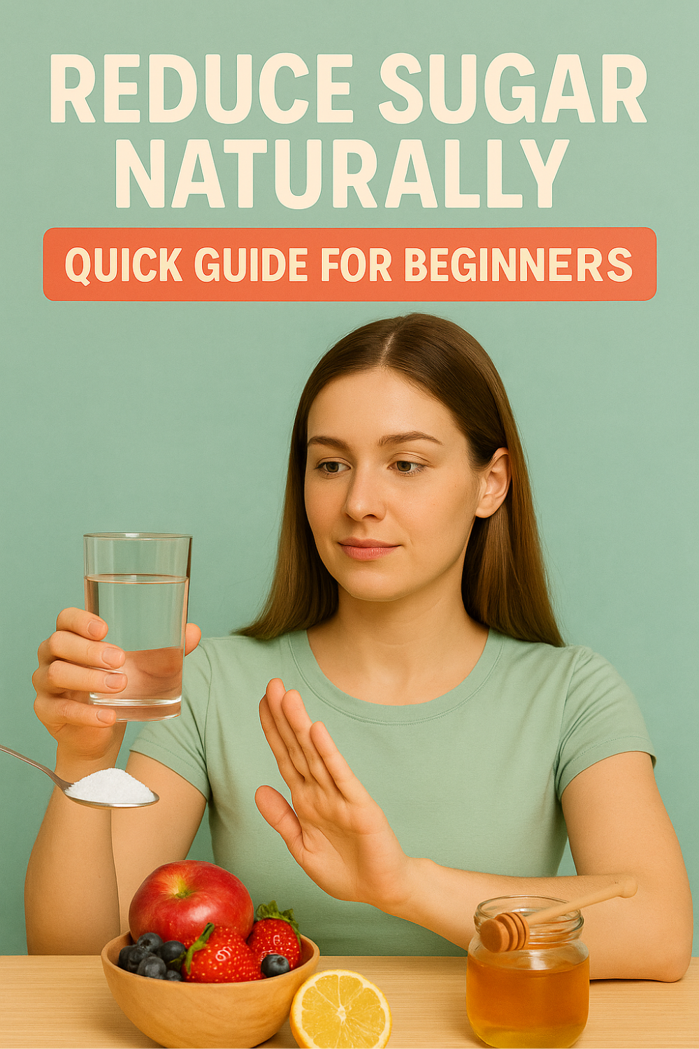 Woman waves off a spoonful of sugar while holding water; fruit and honey sit nearby, capturing a beginner-friendly guide to cutting sugar naturally.