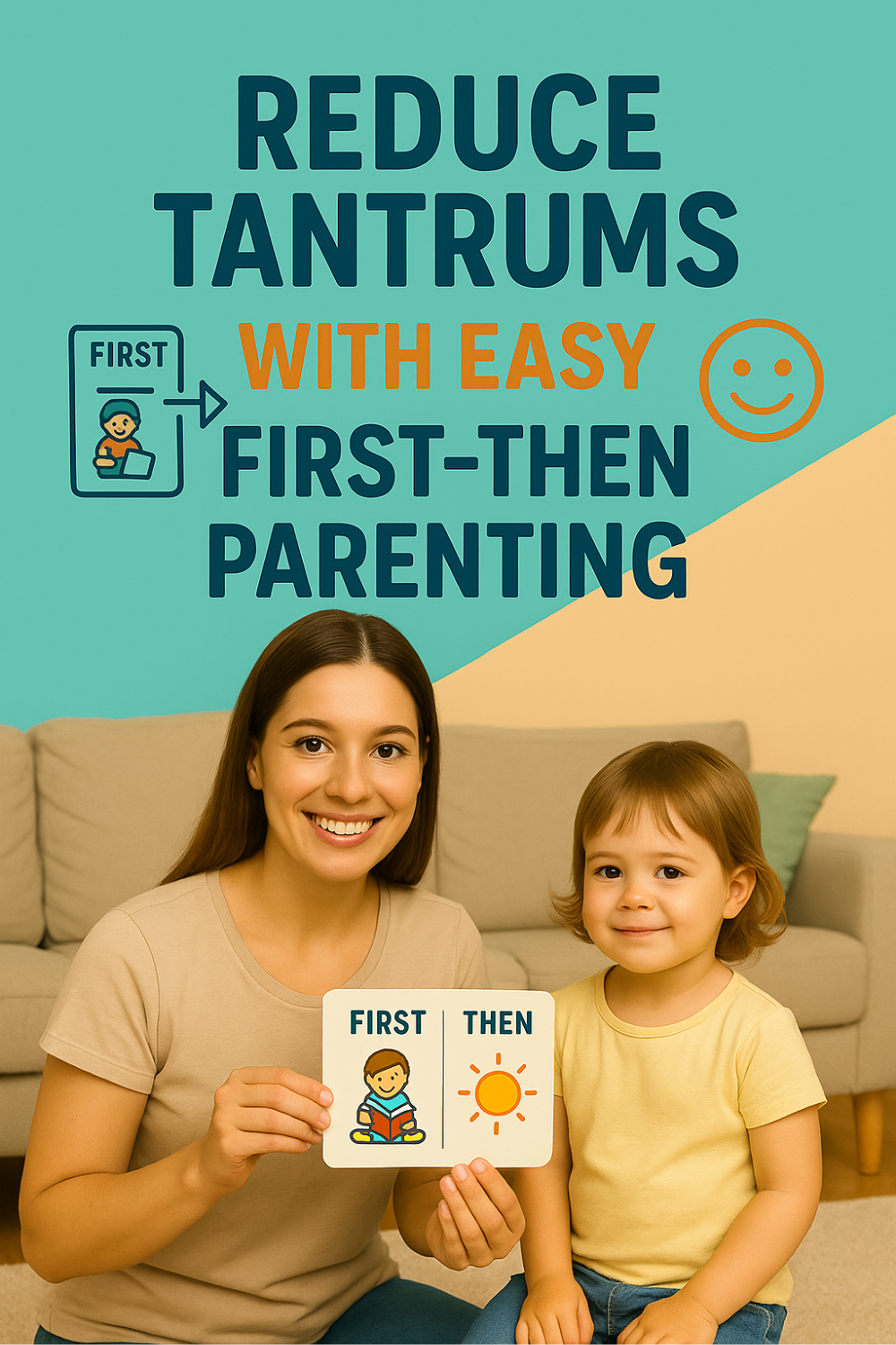 A smiling mom kneels beside her toddler and holds a “first read, then play” card, demonstrating a simple first-then strategy to help curb little one’s tantrums.