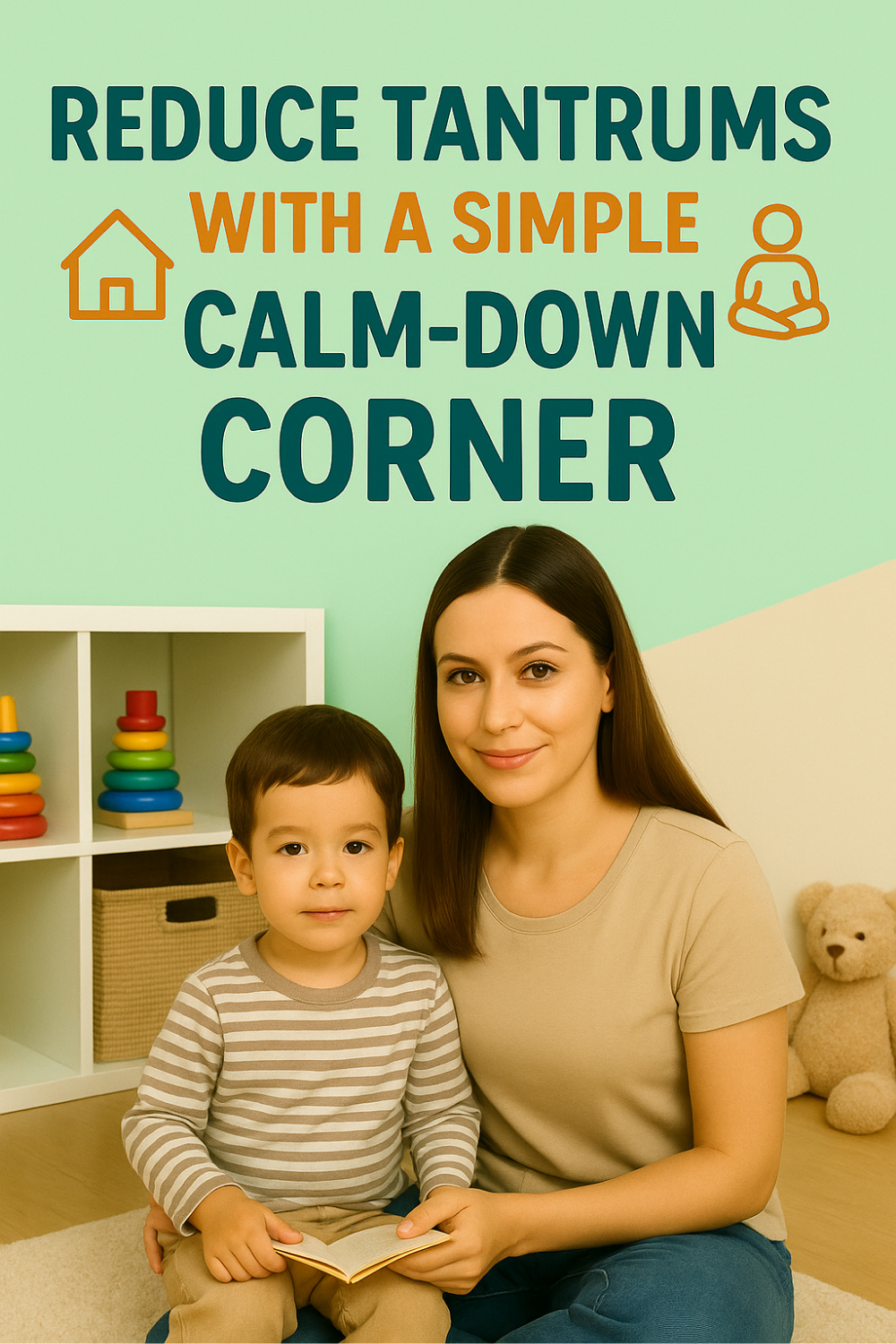 Mother and toddler sit in a cozy play nook beside a toy shelf, demonstrating how a simple calm-down corner can help ease little one’s tantrums.