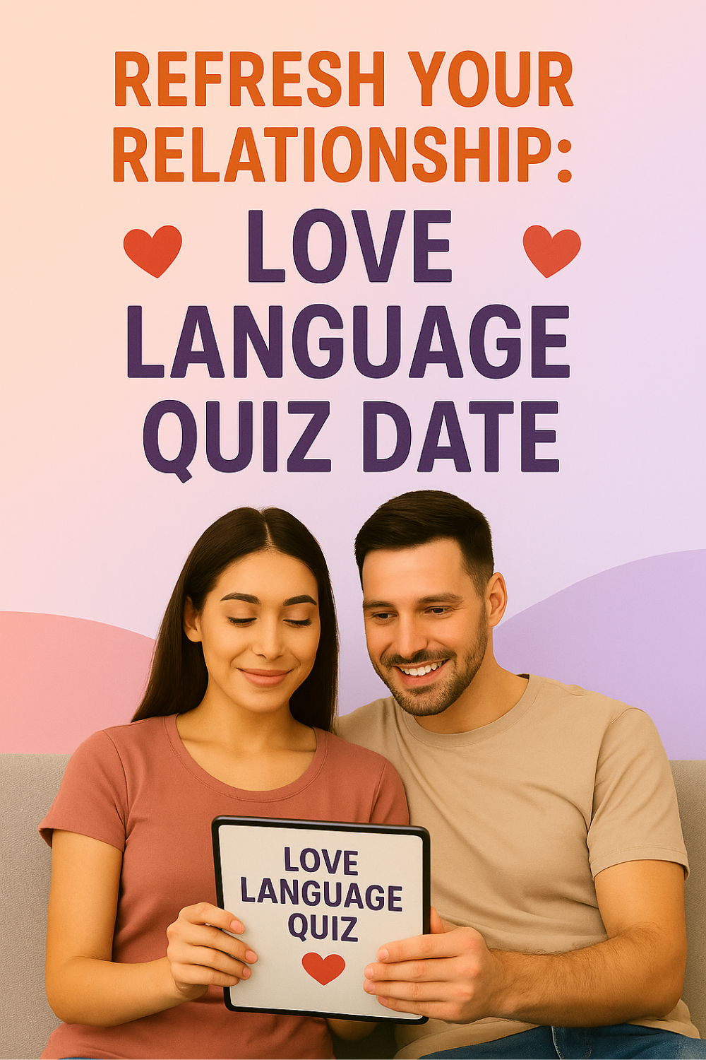 Couple relaxes on a couch, smiling as they hold a tablet that reads “Love Language Quiz,” enjoying a playful date to rediscover their relationship’s love languages.