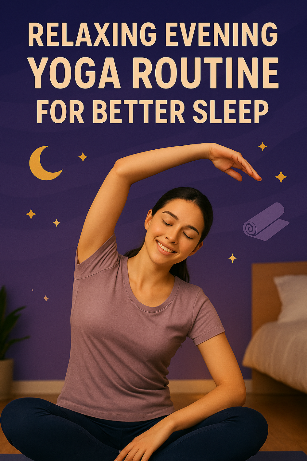 A young woman sits cross-legged in her bedroom at night, eyes closed and smiling as she gently stretches one arm overhead—a calming evening yoga pose meant to ease the body into better sleep; a crescent moon, twinkling stars, and a rolled mat graphic accent the peaceful purple backdrop.
