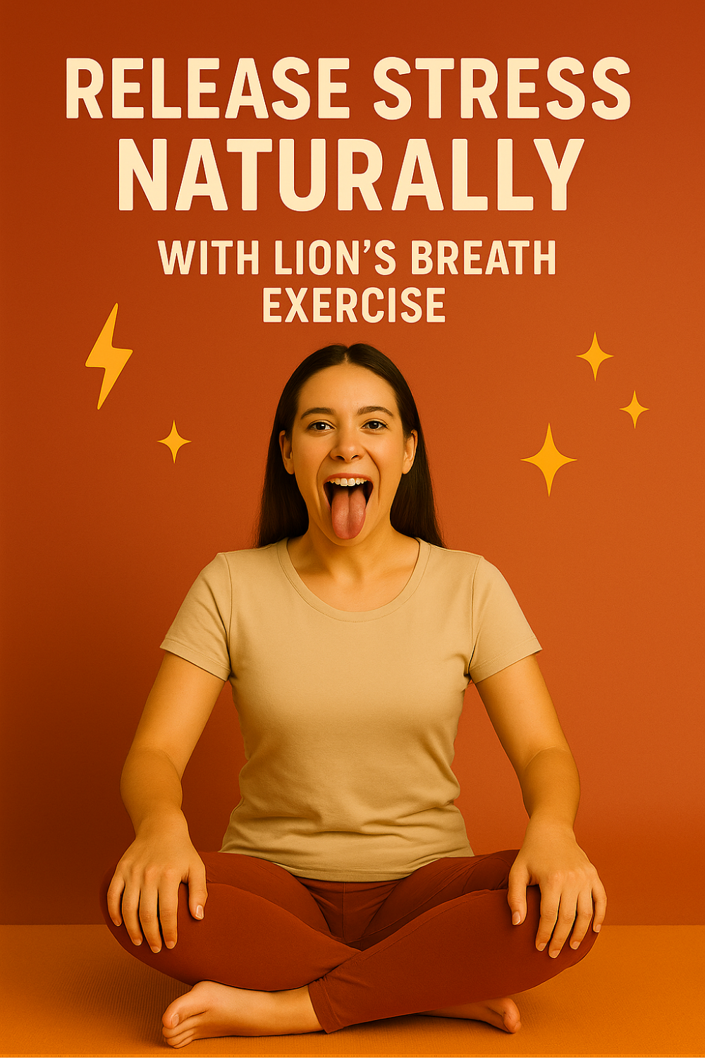 Woman sits cross-legged on an orange mat, tongue extended in a lively lion’s breath pose—an easy breathing drill to melt away tension and invite natural calm.