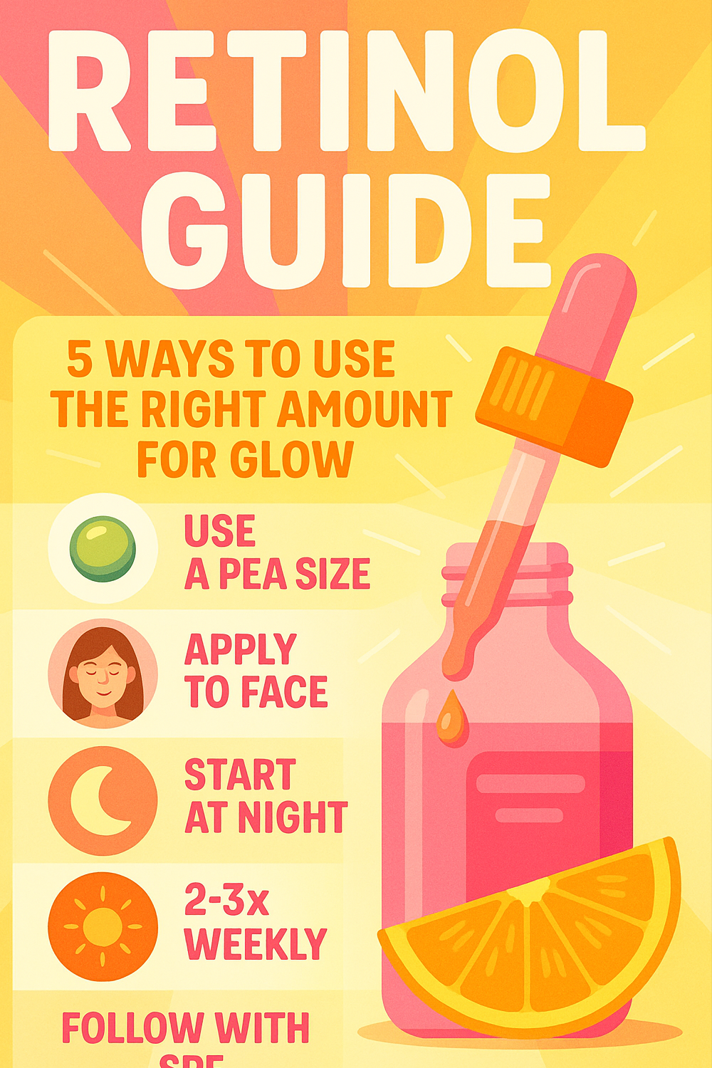 Dropper bottle of retinol serum set against a radiant pink-orange sunburst background; alongside the bottle are five icon-guided usage tips—“Use a pea-size” (green dot), “Apply to face” (face icon), “Start at night” (crescent moon), “2–3× weekly” (sun icon), and “Follow with SPF” (sunscreen tube).