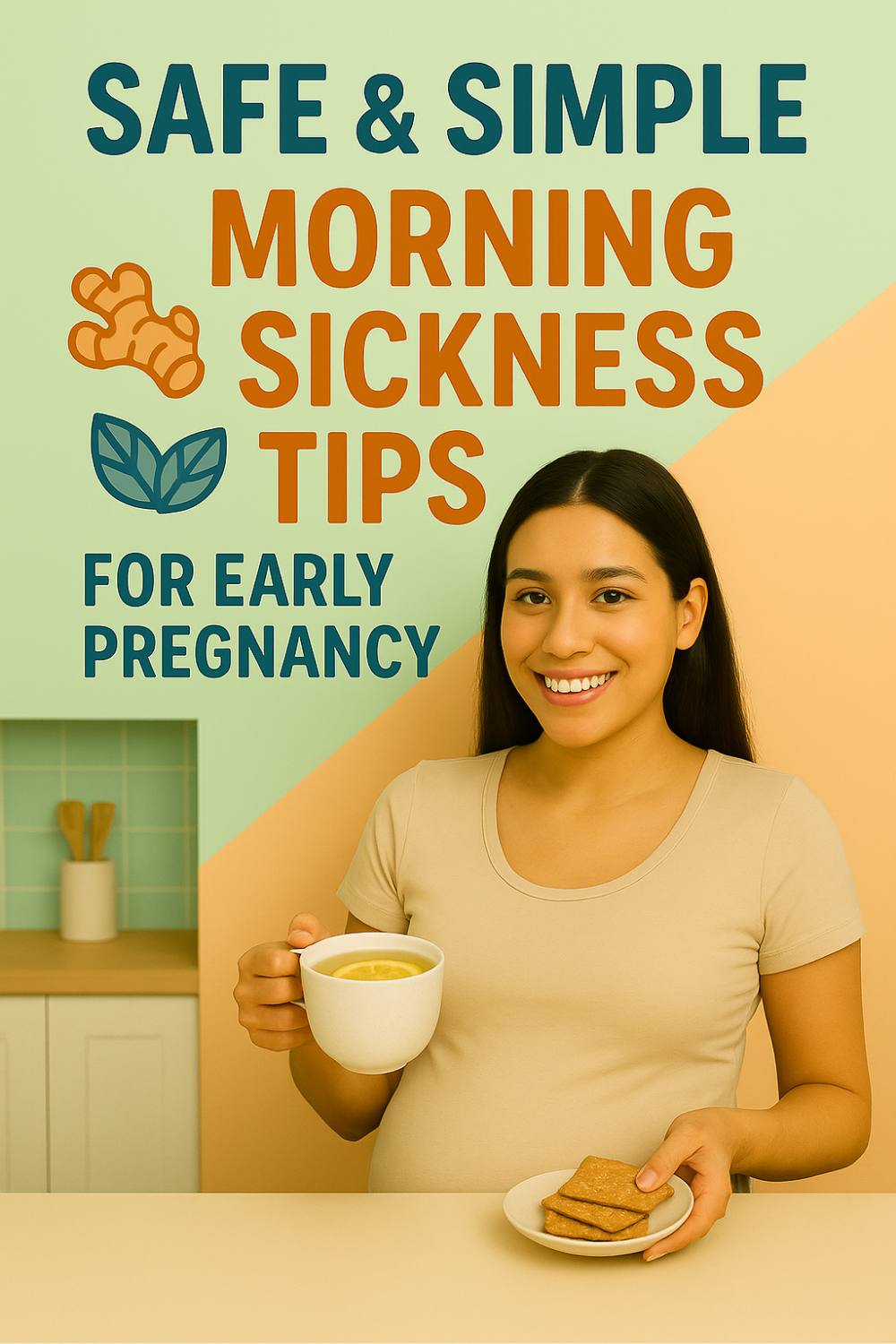 Pregnant woman smiles in a kitchen, sipping lemon-ginger tea and holding crackers—illustrating gentle, practical ways to soothe early-pregnancy queasiness.