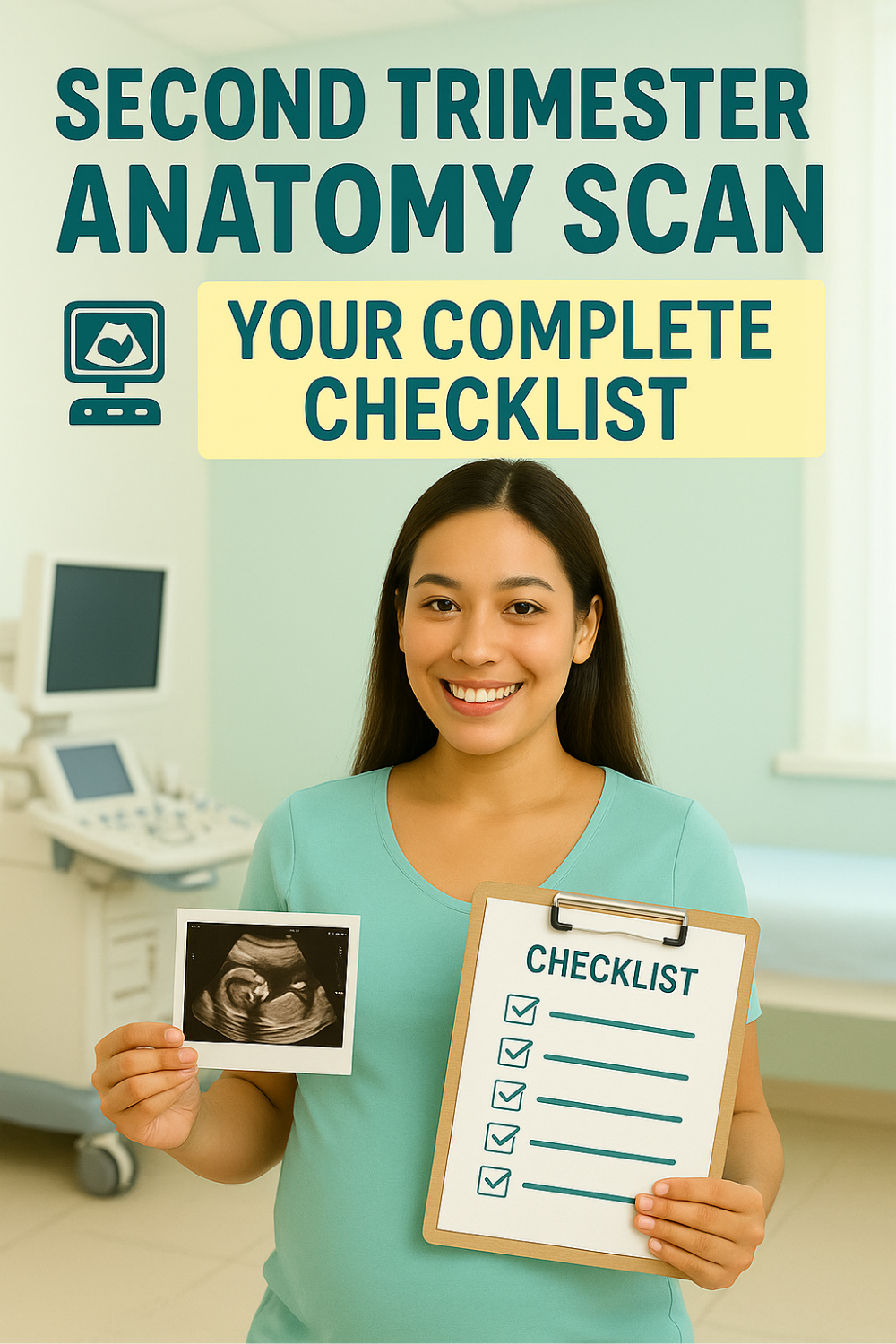 Pregnant woman in a clinic smiles while displaying an ultrasound photo and a blank checklist clipboard, presenting a complete second-trimester anatomy-scan checklist for expectant moms.