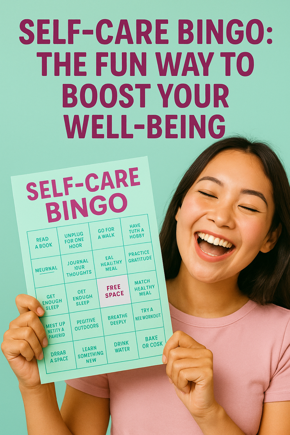 Laughing woman in pink shirt holding a mint-green “Self-Care Bingo” card featuring squares with feel-good activities like reading, walking, gratitude, deep breathing, and drinking water—promoting fun ways to boost well-being