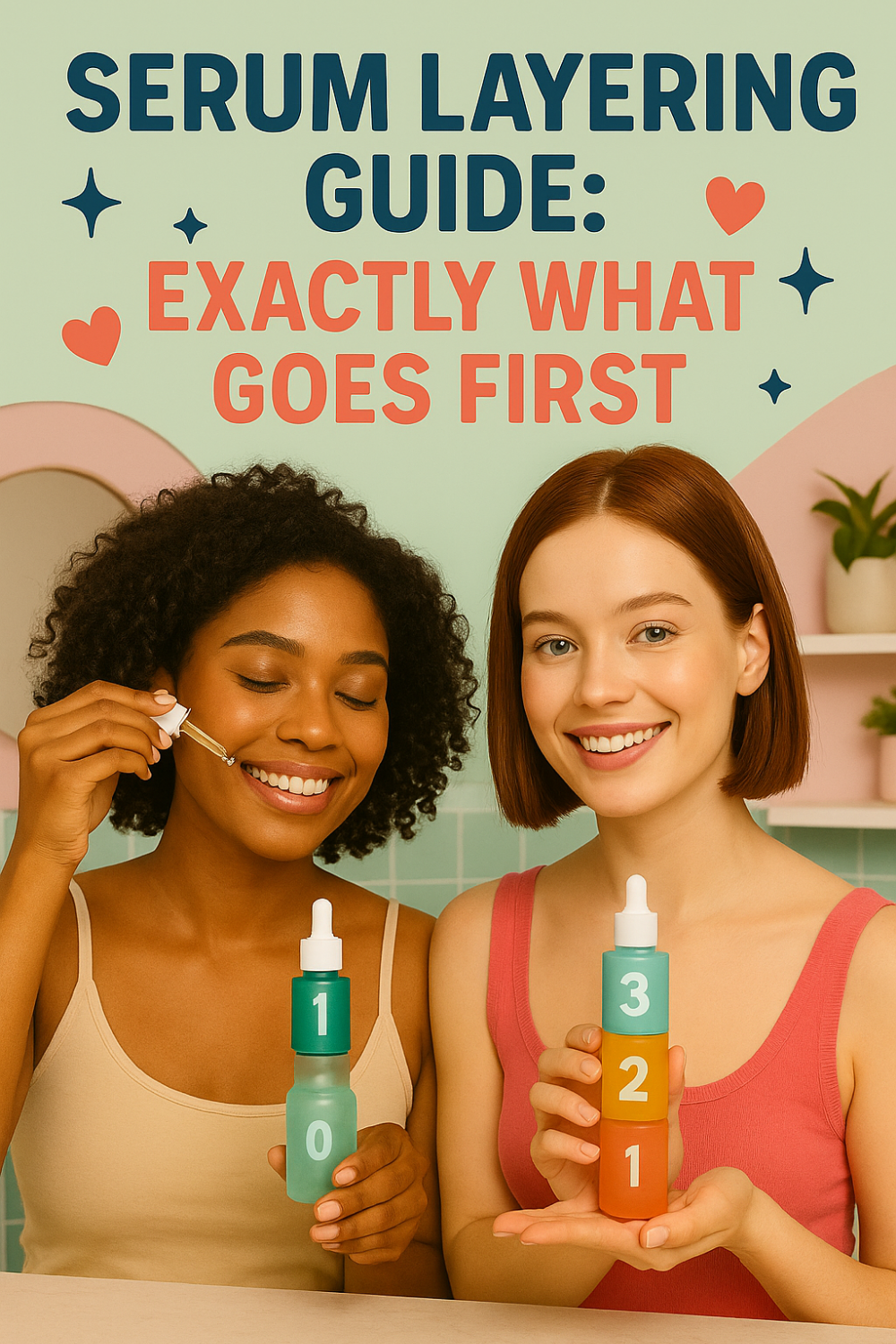 "Serum Layering Guide: Exactly What Goes First. Two smiling women demonstrating serum application steps, holding numbered skincare bottles, against a pastel-colored bathroom backdrop."