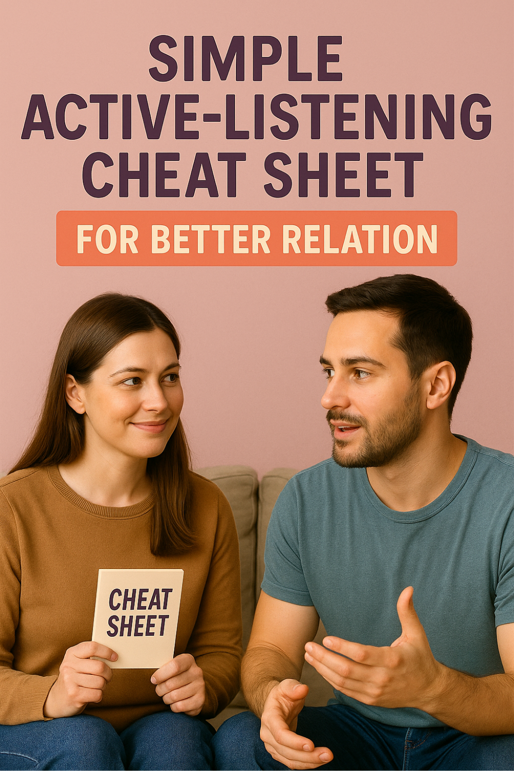 Couple sits on a sofa as the woman holds a handy active-listening cheat sheet, listening with a smile while her partner speaks—illustrating quick communication tips to strengthen their bond.
