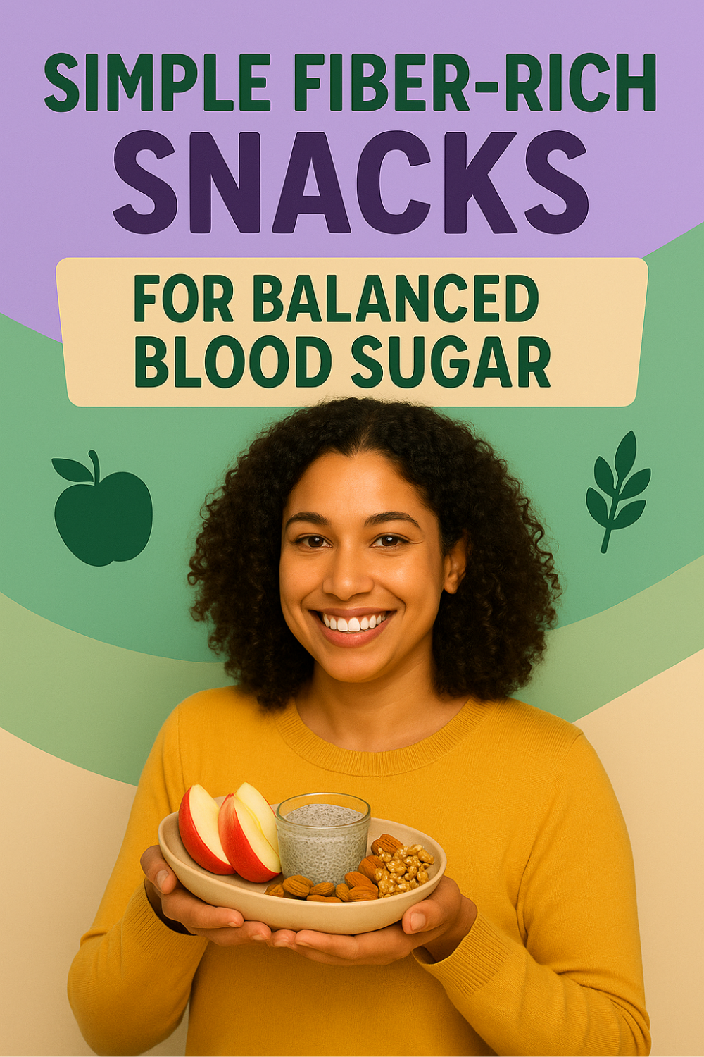 Smiling woman in a mustard sweater holds a shallow dish filled with fiber-rich, blood-sugar–friendly snacks—crisp apple wedges, creamy chia pudding, almonds, and walnuts—against a soft lavender-and-mint backdrop accented by simple apple and plant icons.