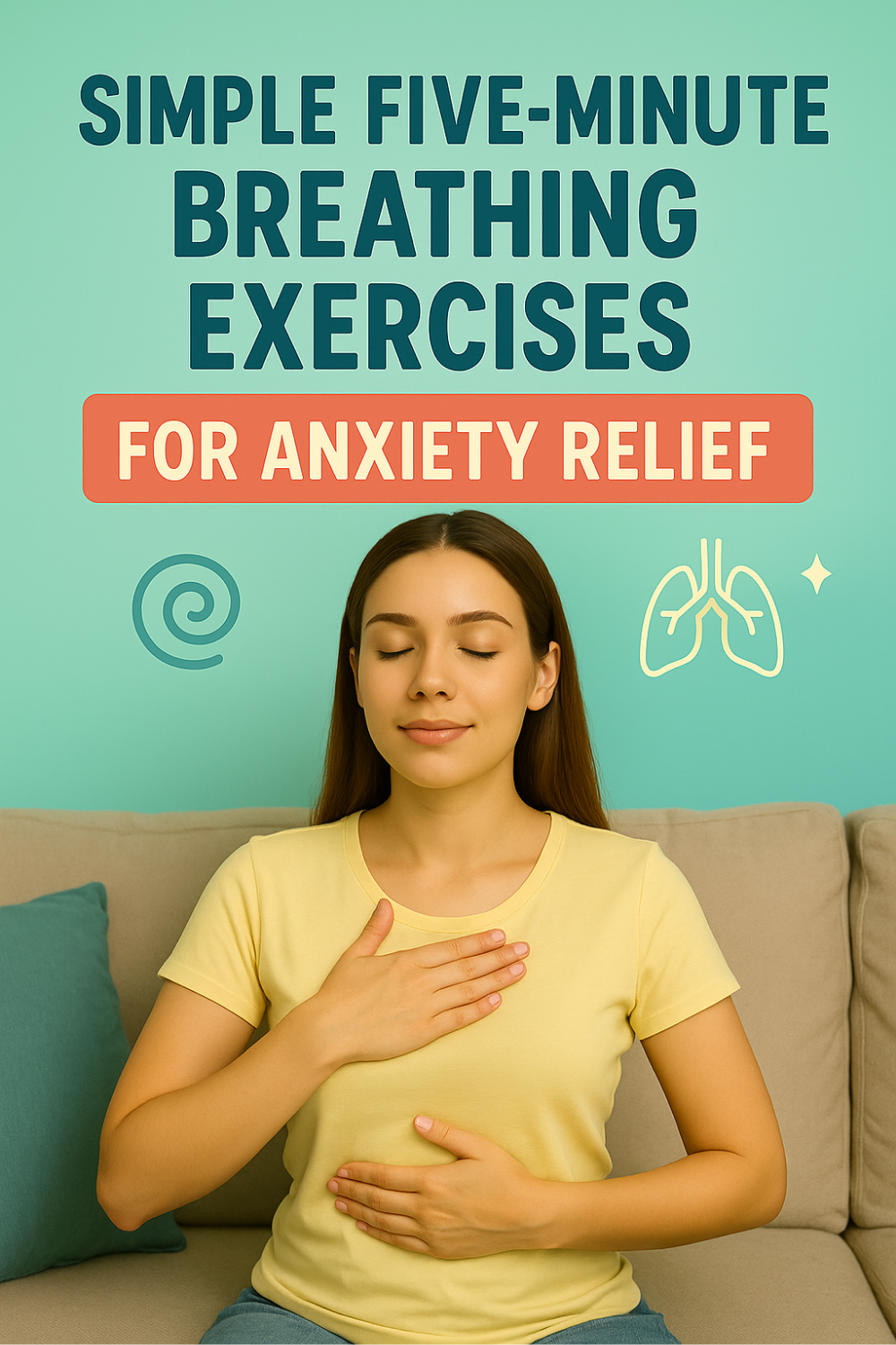 Woman seated on a couch closes her eyes with one hand on her chest and the other on her belly, calmly practicing a quick breathing routine to soothe anxious feelings.