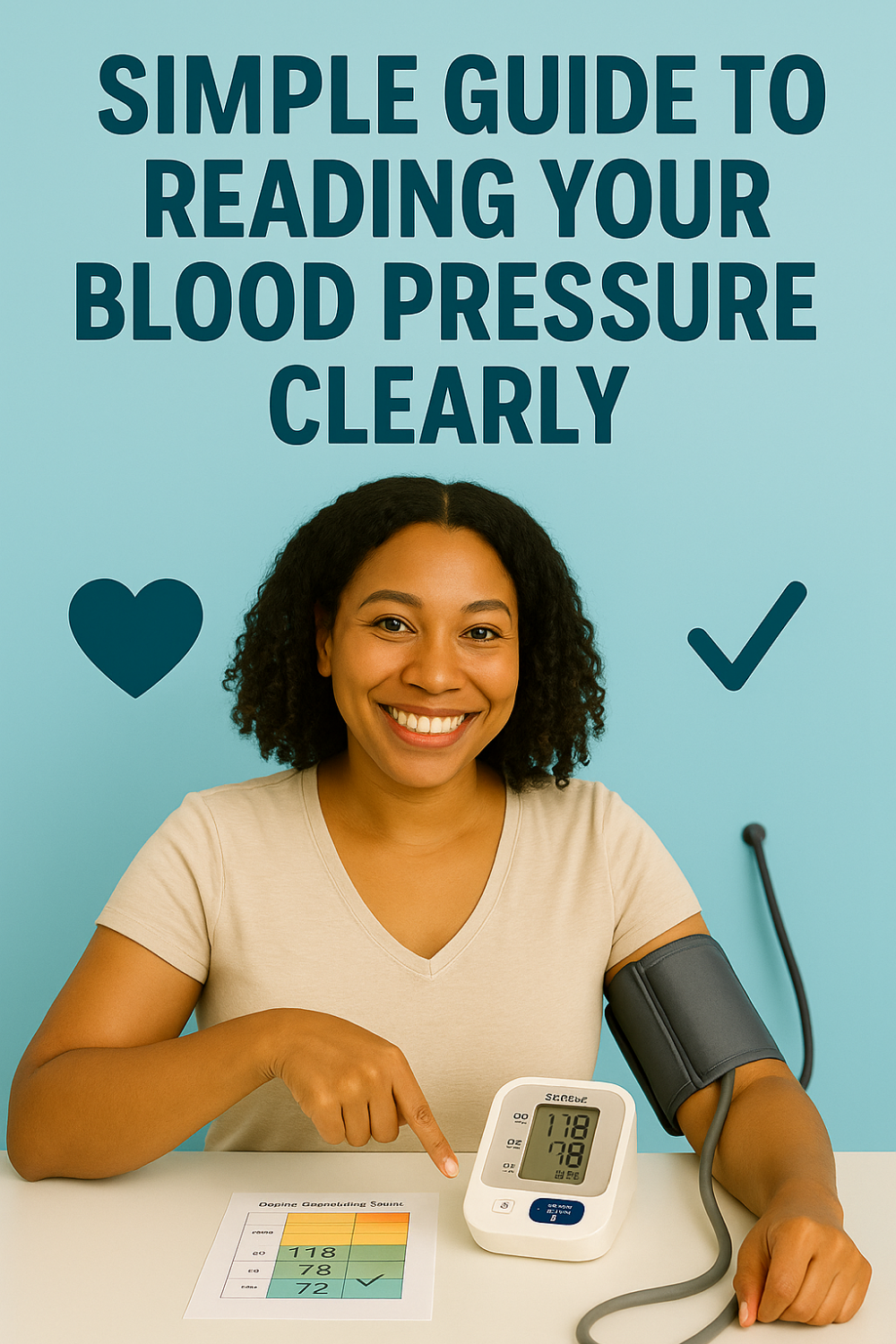 Smiling woman pointing at blood pressure monitor displaying clear readings.