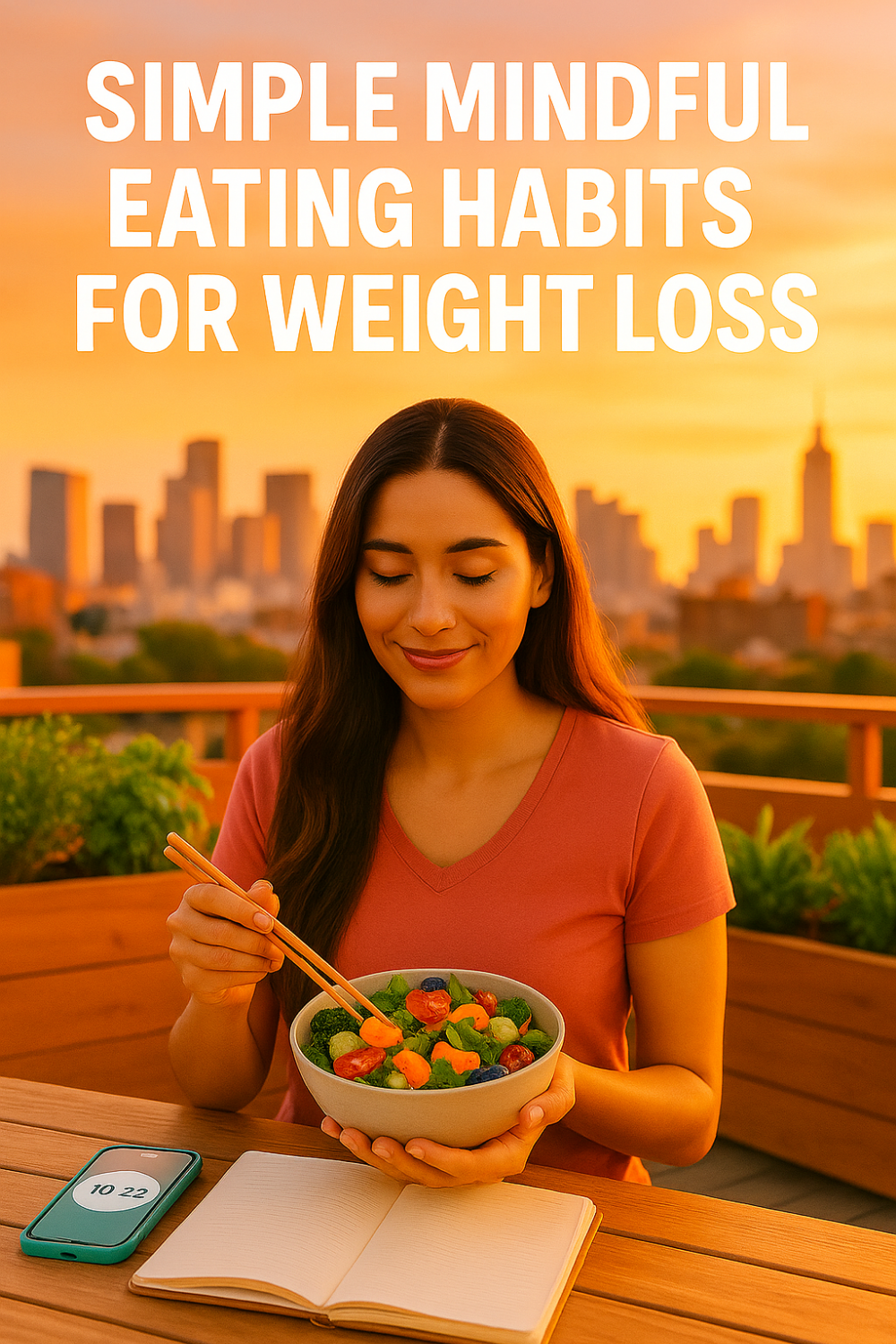 Woman eating salad mindfully outdoors at sunset with city skyline backdrop.