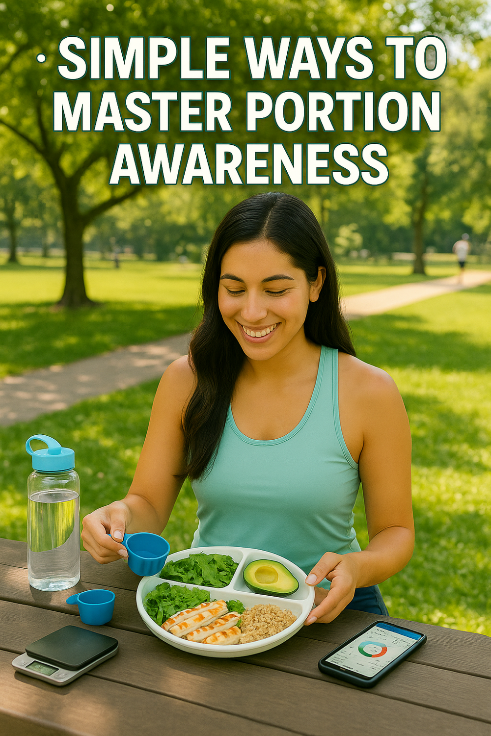 Woman outdoors using portion-control tools to measure a balanced meal, with smartphone and water bottle nearby.