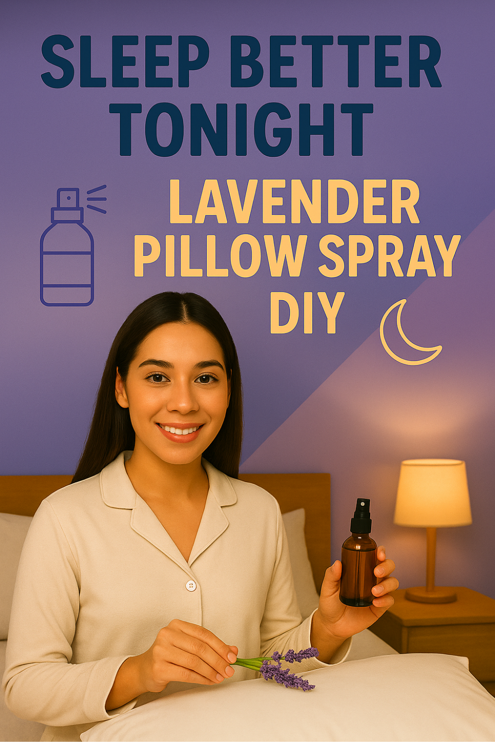 A woman in pajamas holds a brown spray bottle and lavender sprigs over a pillow in a softly lit bedroom, demonstrating a DIY lavender pillow mist to help you sleep better tonight.