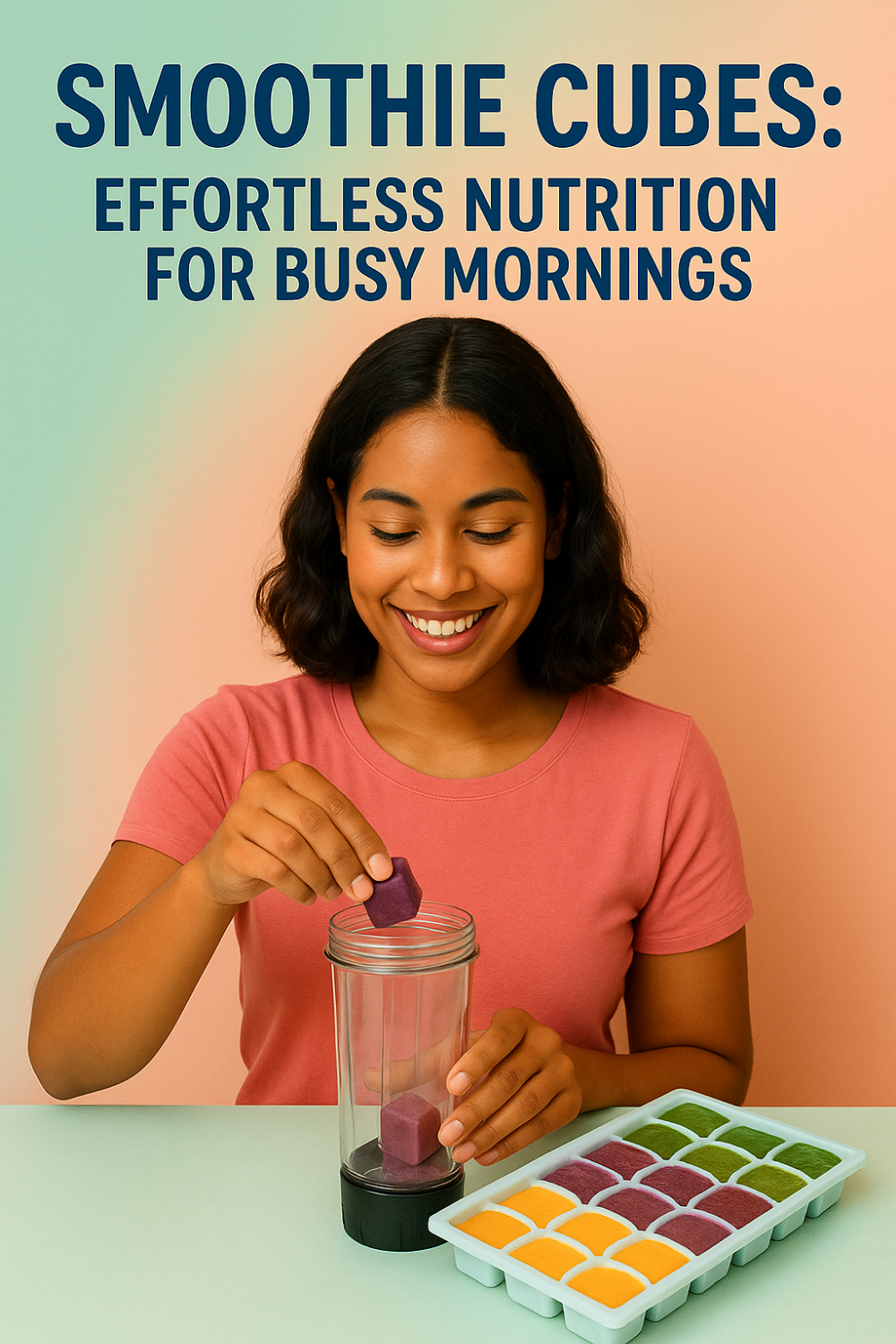 Smiling woman putting frozen smoothie cubes into a blender cup, with an ice cube tray of colorful smoothie cubes nearby.