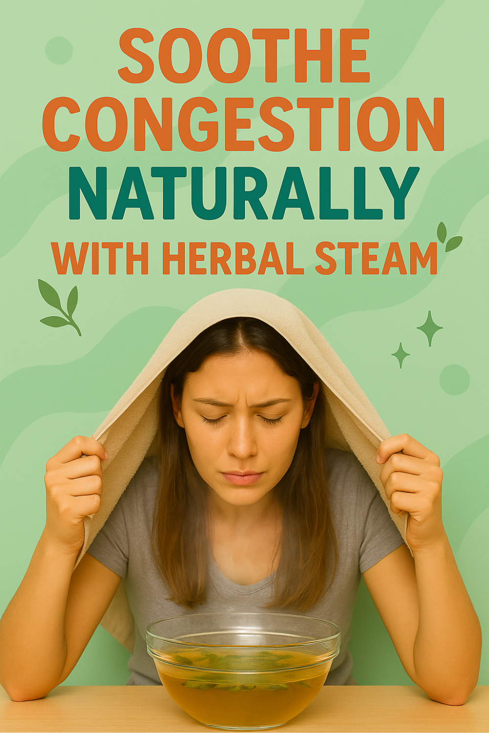 A woman drapes a towel over her head and inhales the vapor rising from a bowl of minty herbal infusion, eyes closed in relief as she soothes congestion naturally with comforting steam; leafy symbols on the soft green backdrop highlight the plant-based remedy.