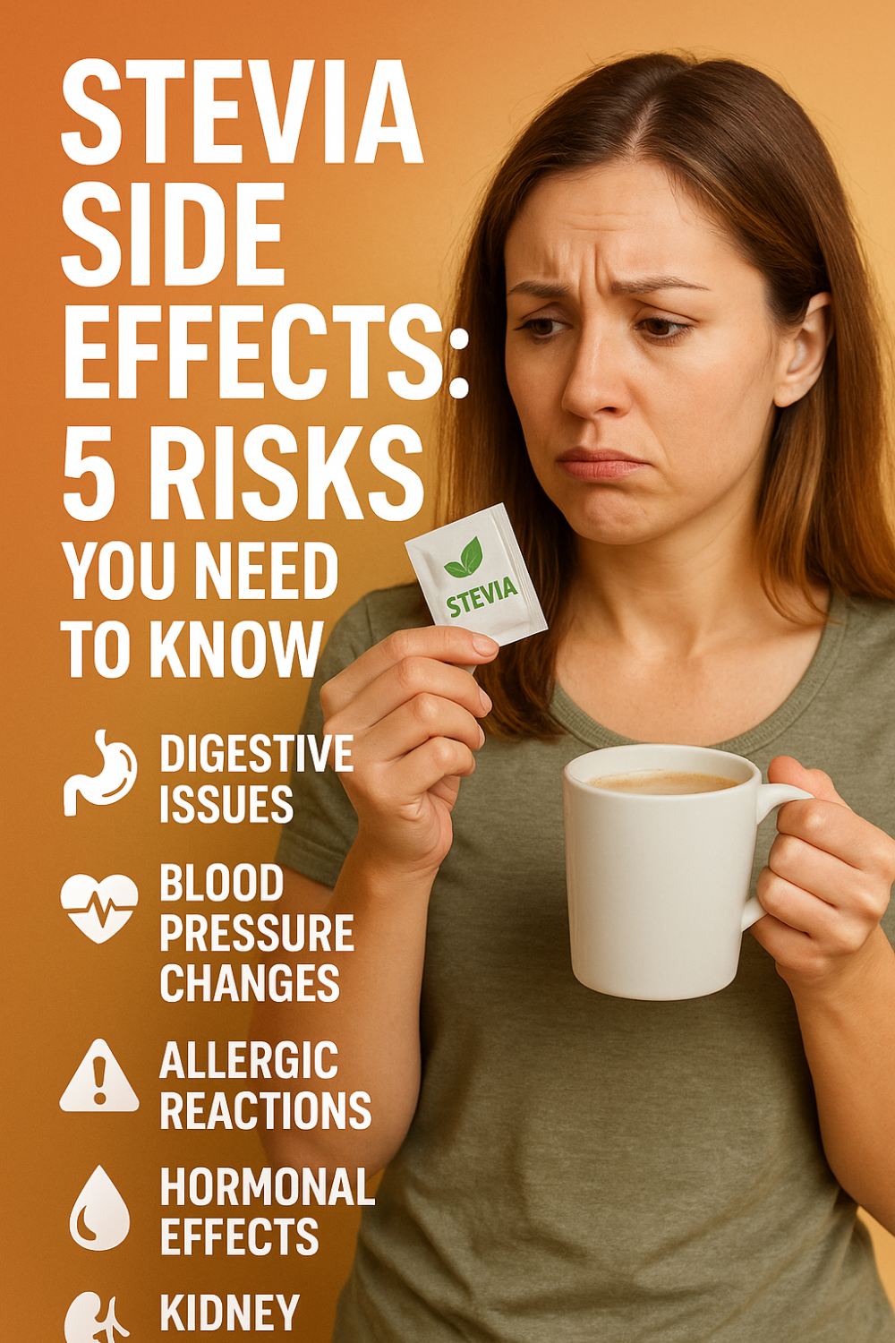 Woman looking concerned holding a packet of stevia and a mug.