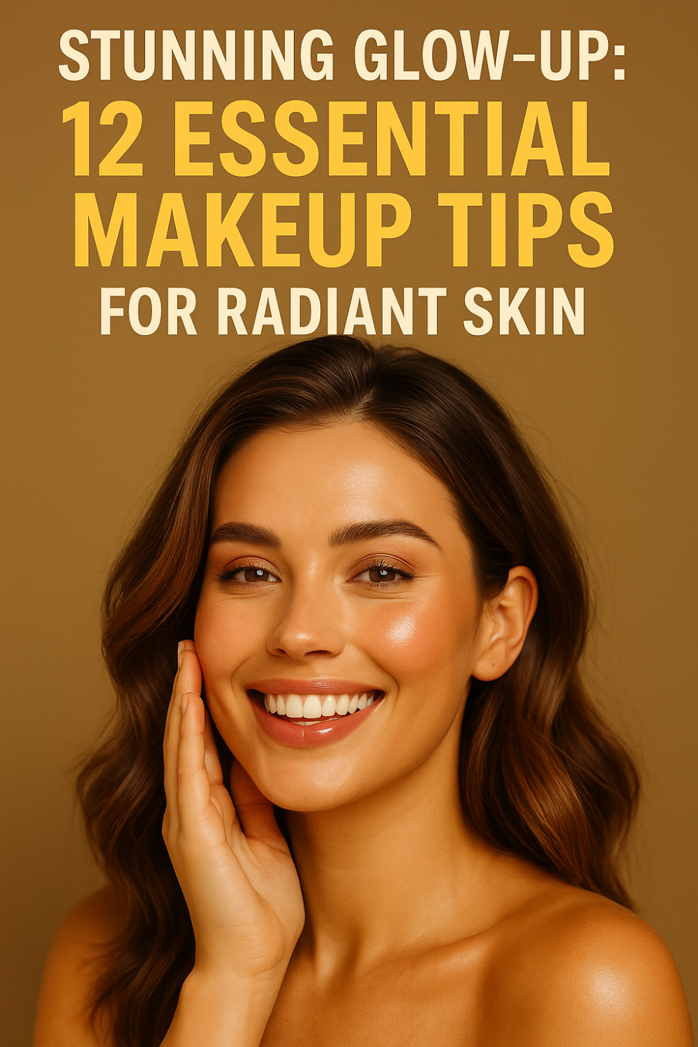 Smiling woman with dewy, glowing skin against a rich tan backdrop; bold text above reads “Stunning Glow-Up: 12 Essential Makeup Tips for Radiant Skin,” emphasizing her luminous complexion.