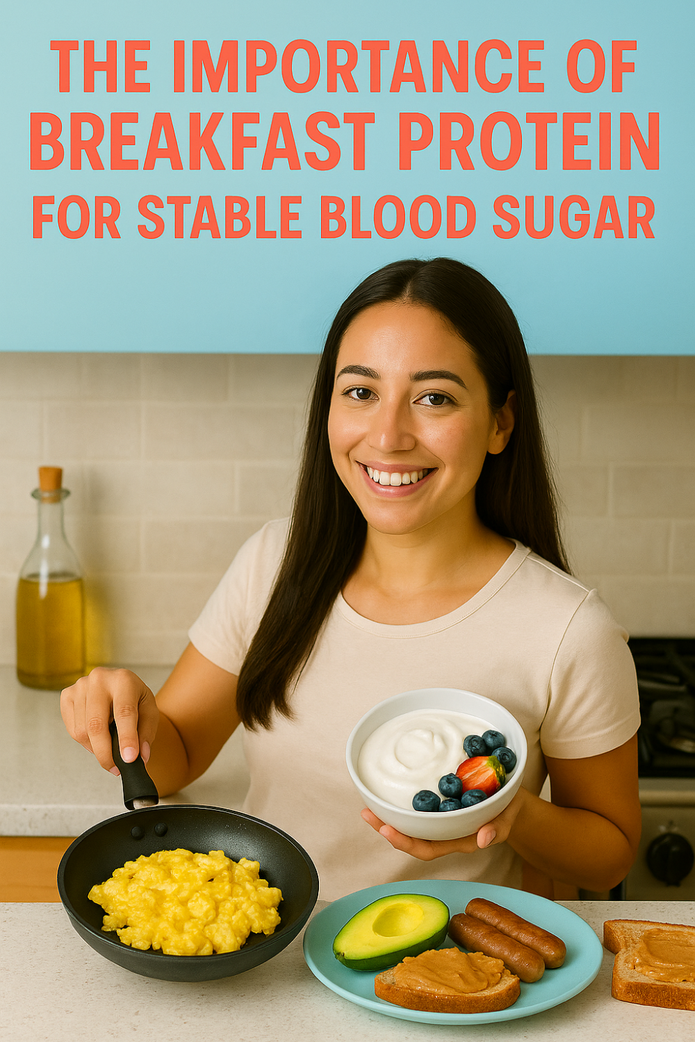 Smiling woman holding scrambled eggs and yogurt, showcasing a high-protein breakfast for stable blood sugar.