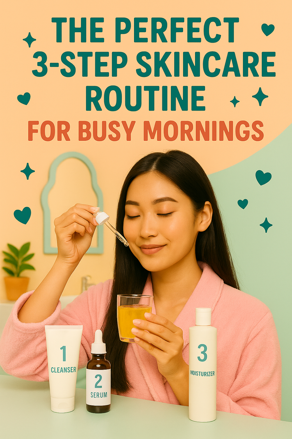 Alt text: "The Perfect 3-Step Skincare Routine for Busy Mornings. Woman in a pink robe peacefully applying serum with a dropper, surrounded by clearly labeled skincare products: cleanser, serum, and moisturizer, in a cheerful pastel setting."
