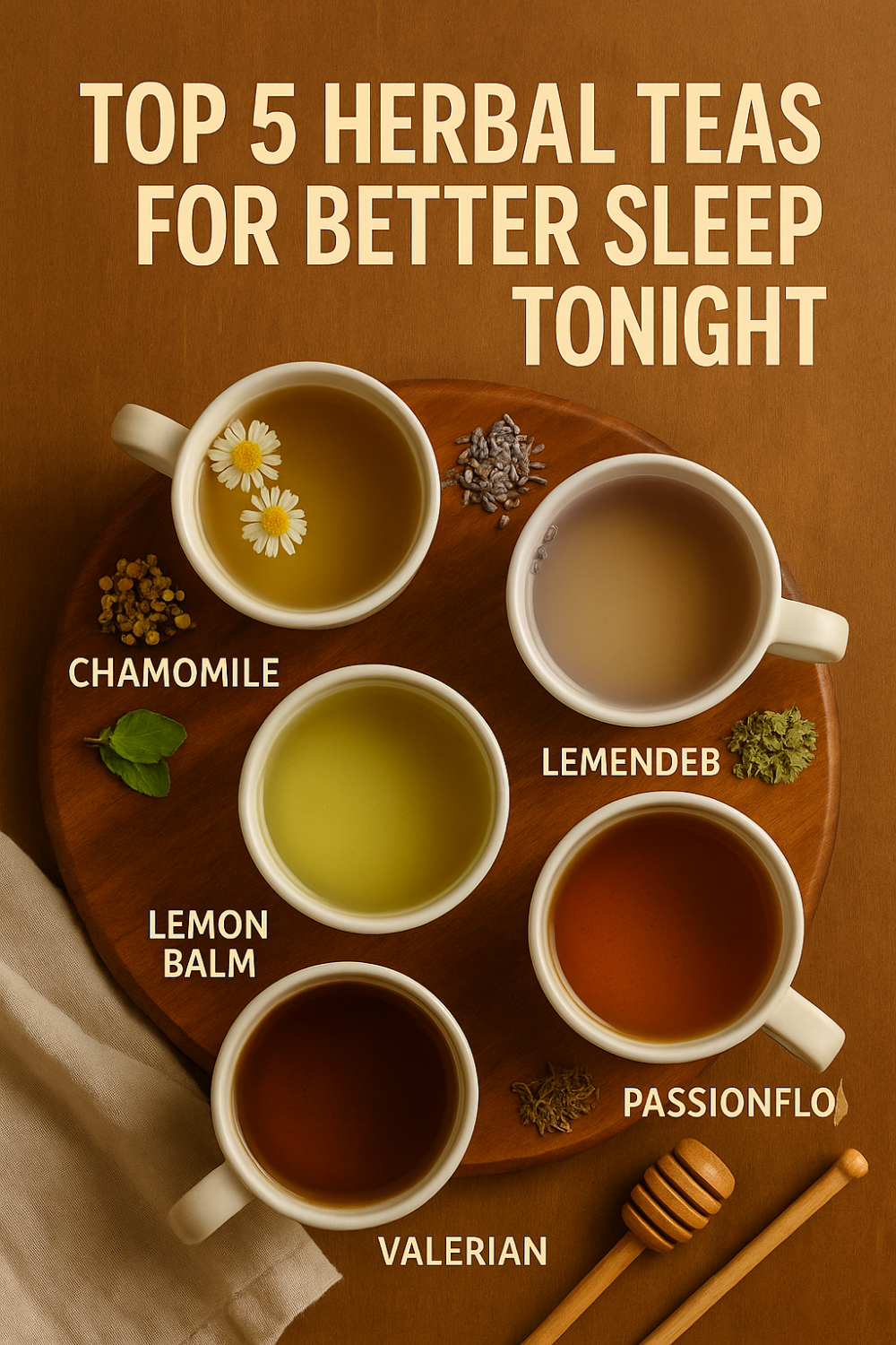 Flat lay of five mugs of herbal tea on a wooden board—chamomile, lavender, lemon balm, passionflower, and valerian—each paired with its dried herb and a honey dipper, promoting restful sleep tonight